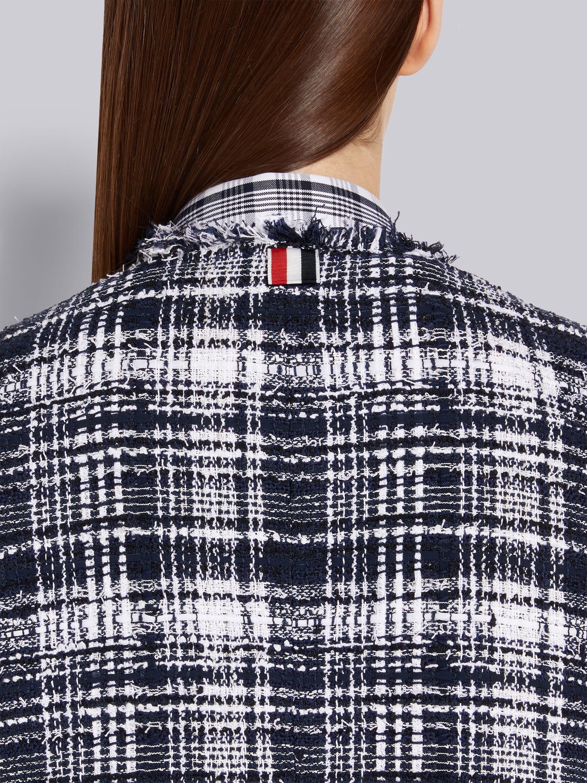Navy Hairline Madras Ribbon Tweed Frayed Unconstructed Short Sleeve Unconstructed Cardigan Overcoat - 5