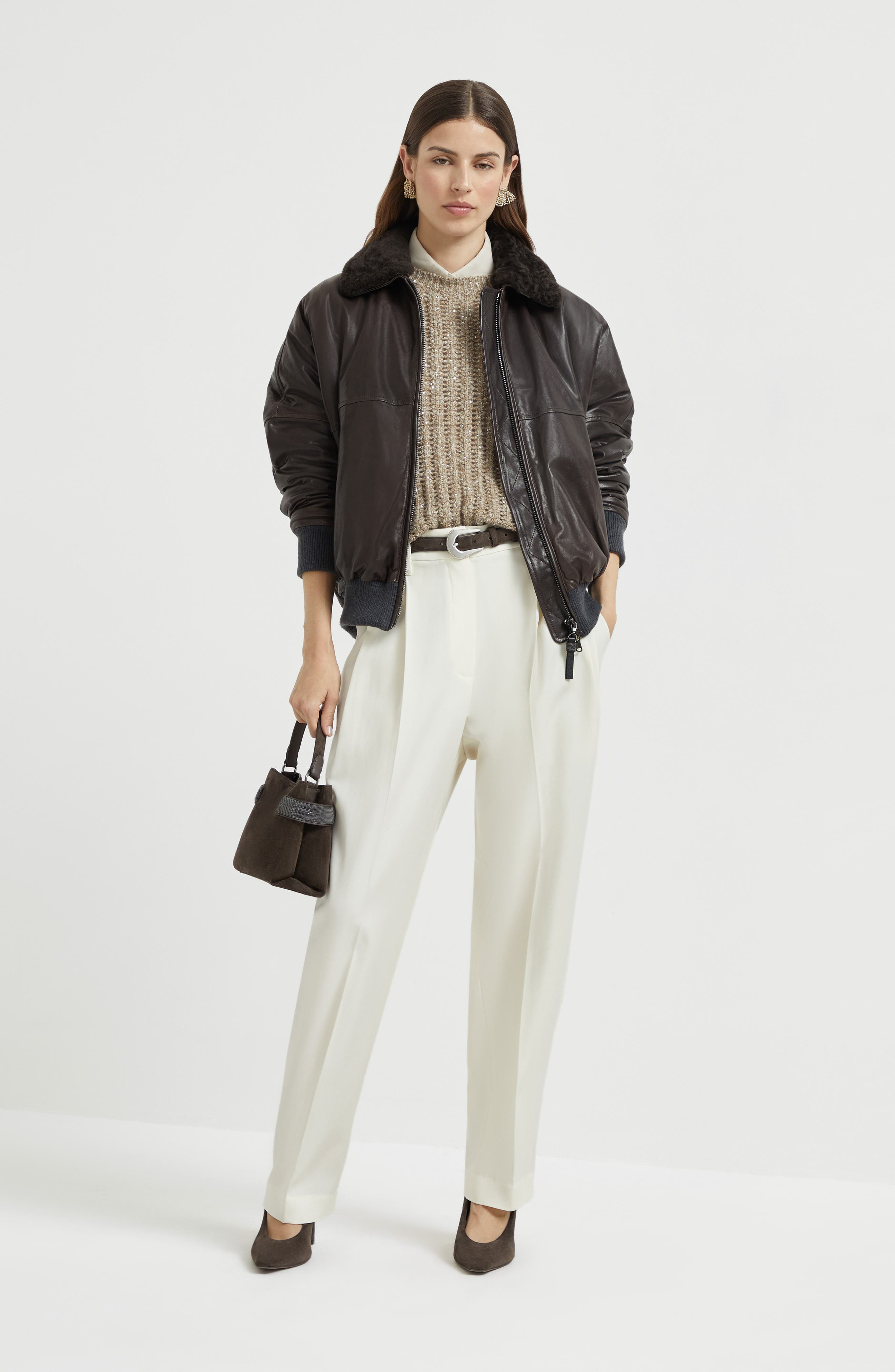 Brunello Cucinelli Nappa leather bomber jacket in Cocoa at Nordstrom - 6