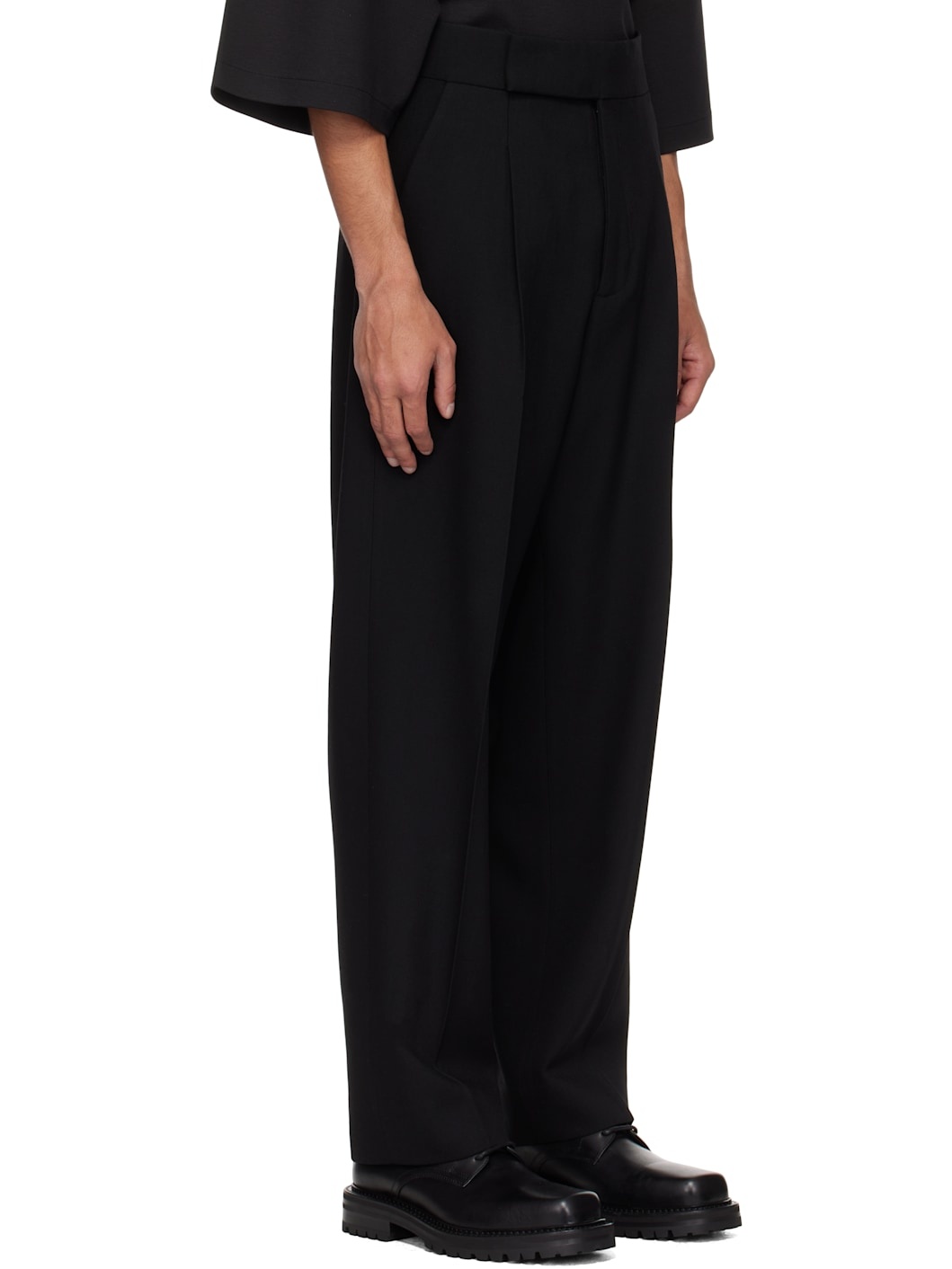 Black Wool Gabardine Single Pleat Trousers - 2