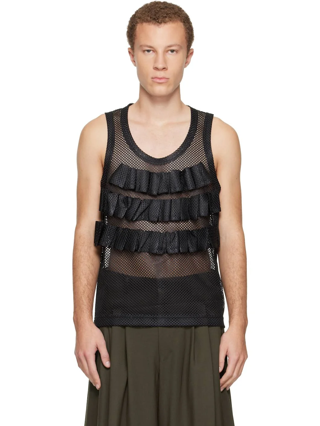 Black Polyester Mesh Garment Washed Tank Top - 1