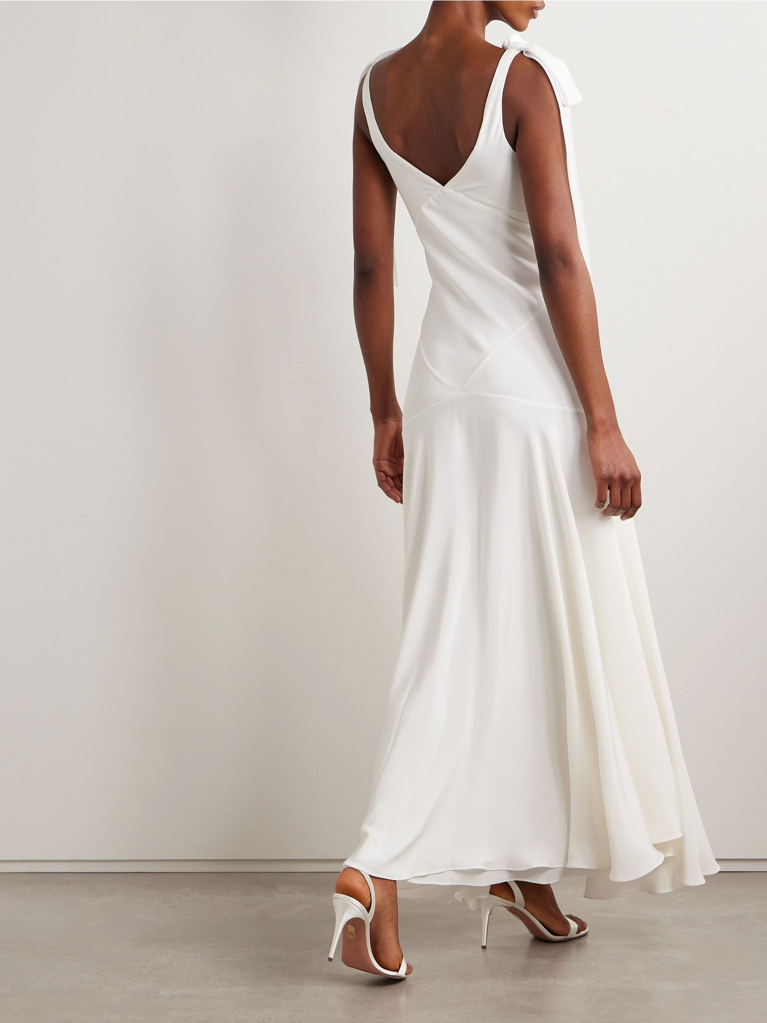 Embellished velvet-trimmed silk-crepe maxi dress White - 4
