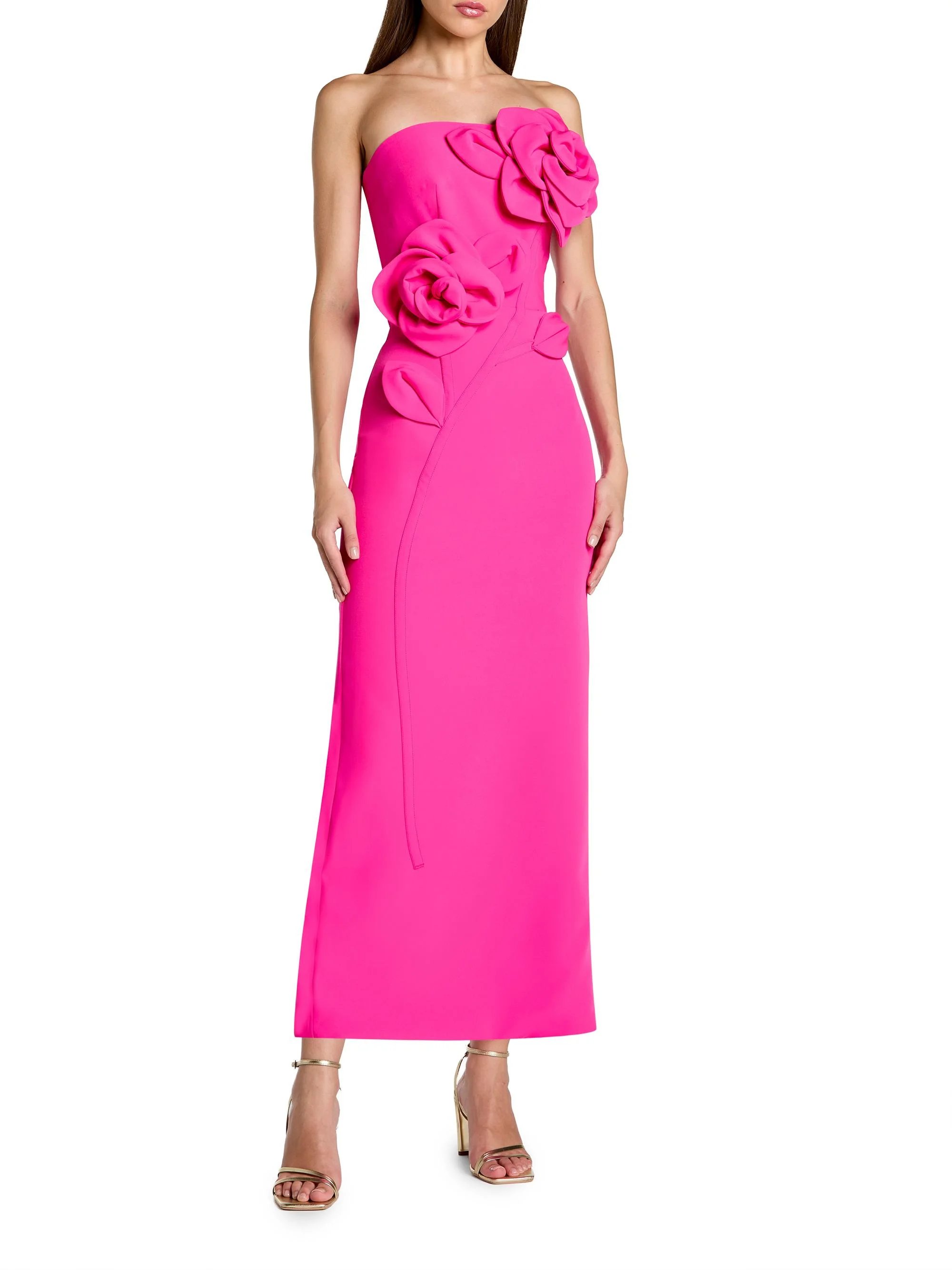 Women's Floral Embellished Crepe Strapless Maxi Dress - Hot Pink - 1