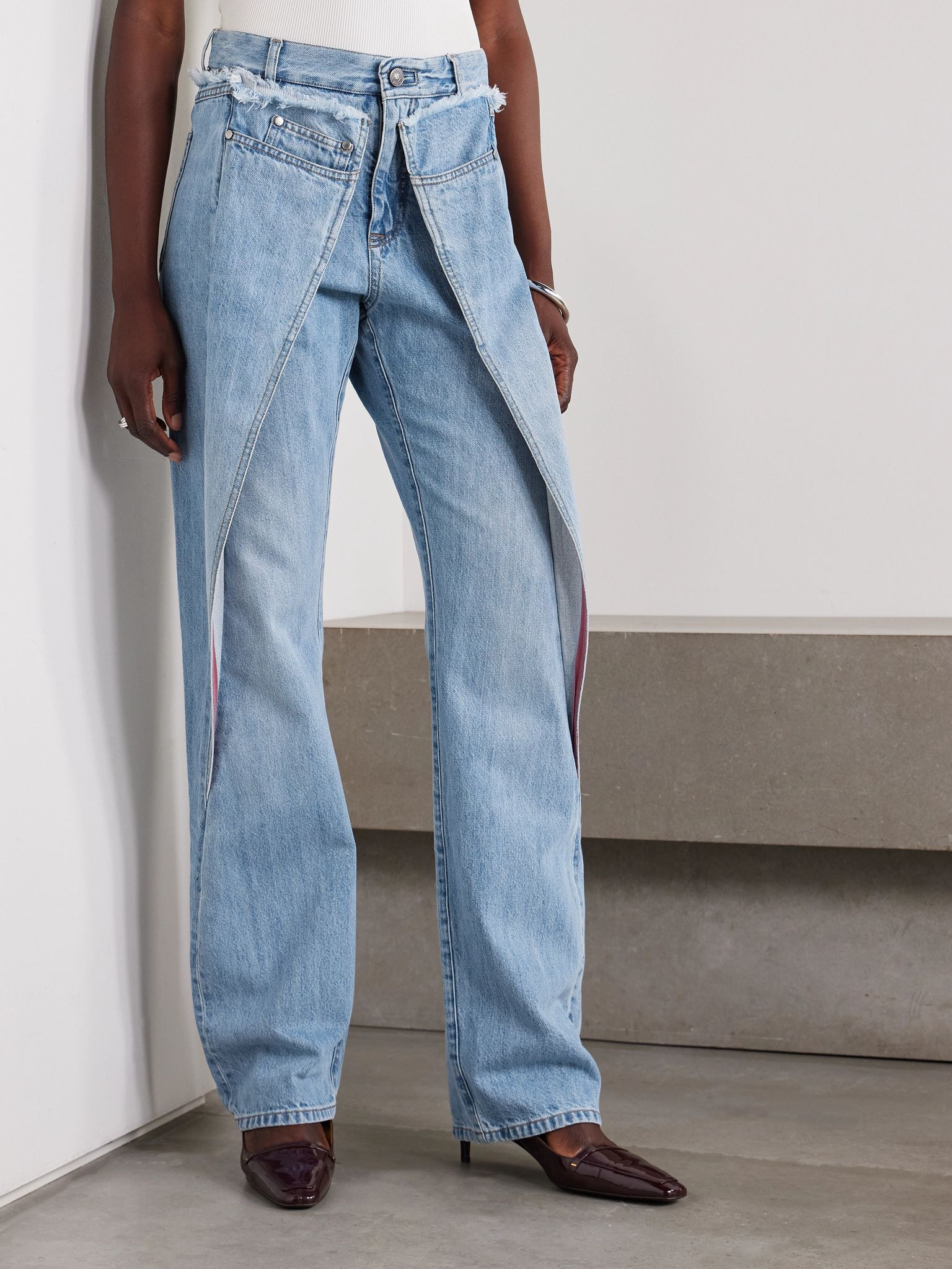 Wrap-effect frayed mid-rise straight-leg jeans Mid denim - 3