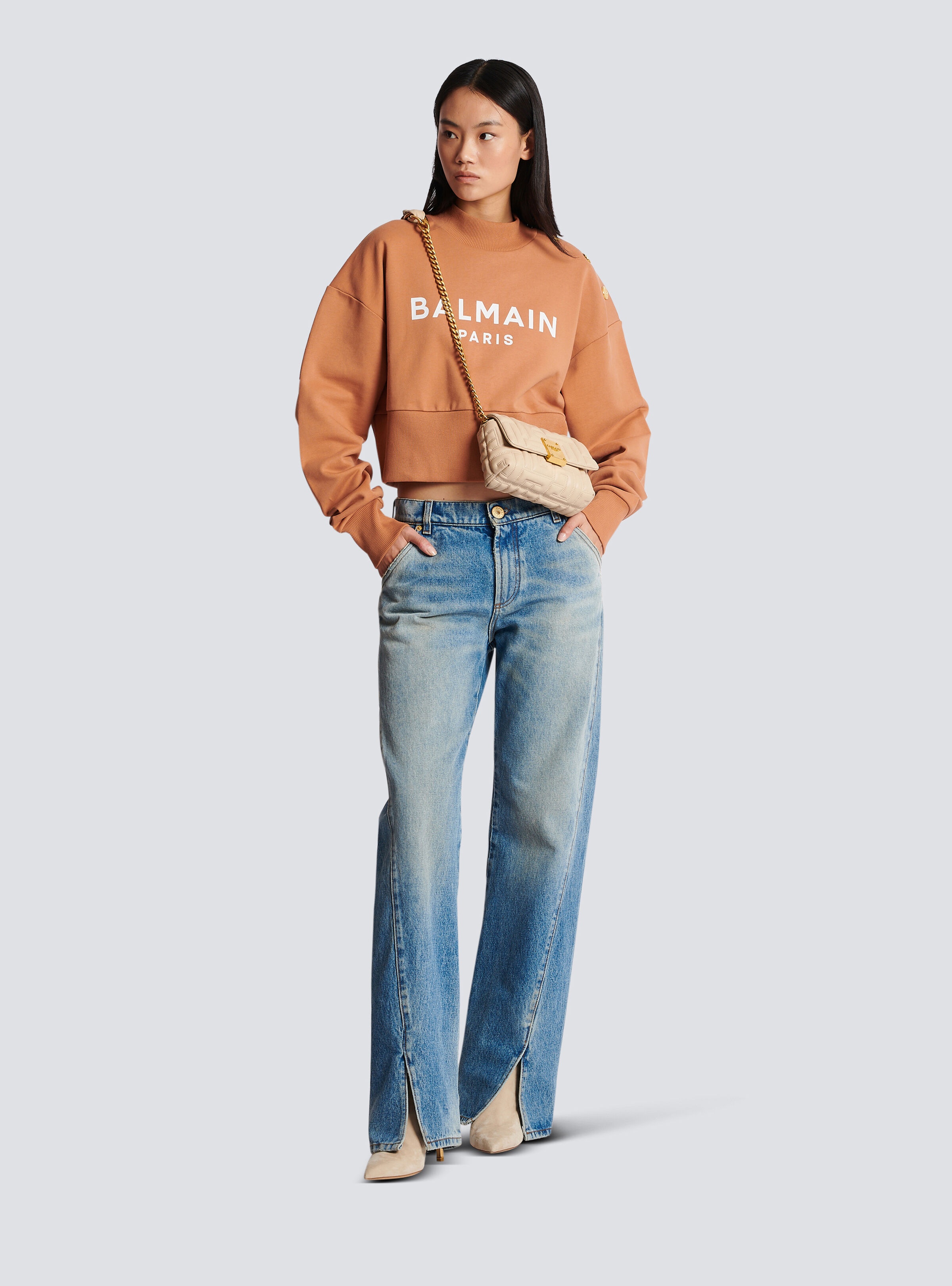 Cropped buttoned Balmain logo print sweatshirt - 2