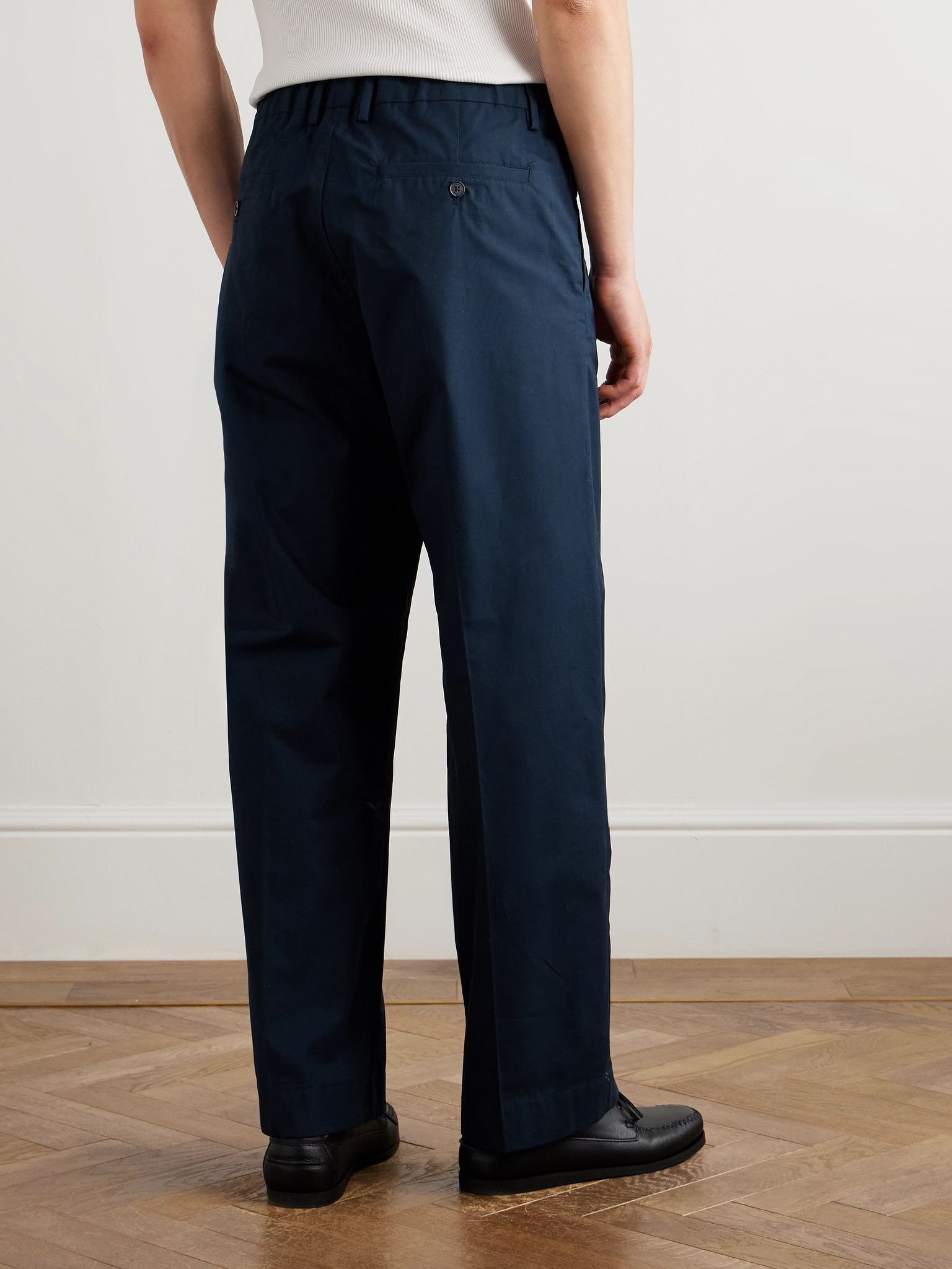 Kay 1080 Straight-Leg Pleated Organic Cotton-Poplin Trousers Navy - 4