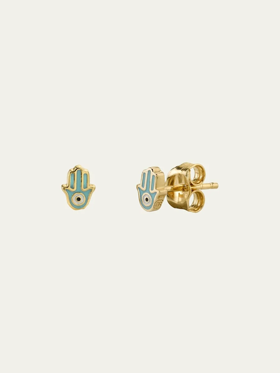 14k Yellow Gold Mini Enamel Hamsa Stud Earrings - 1