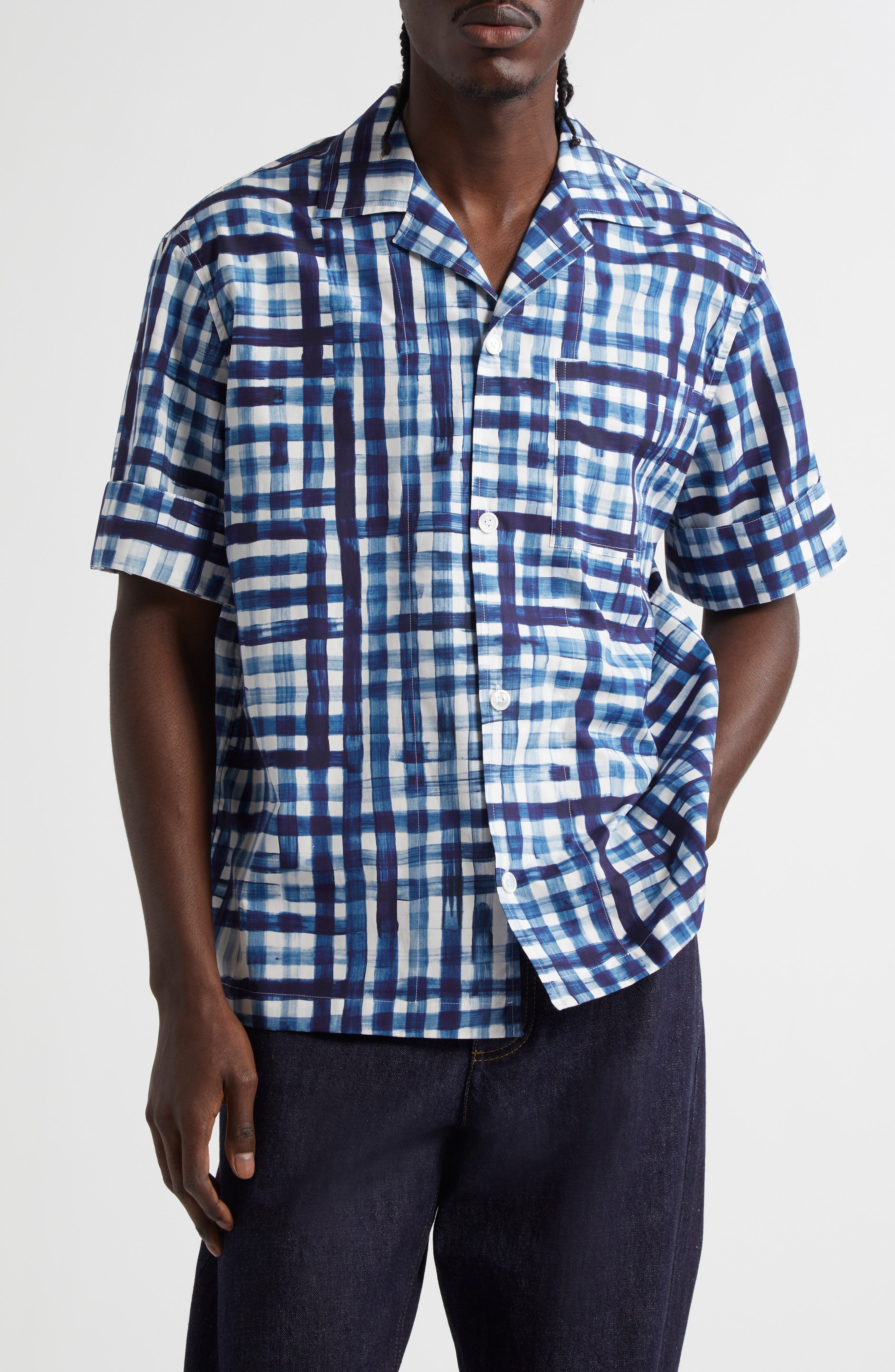 Bottega Veneta Painted Gingham Cotton Camp Shirt in Chalk/Eclipse at Nordstrom - 1