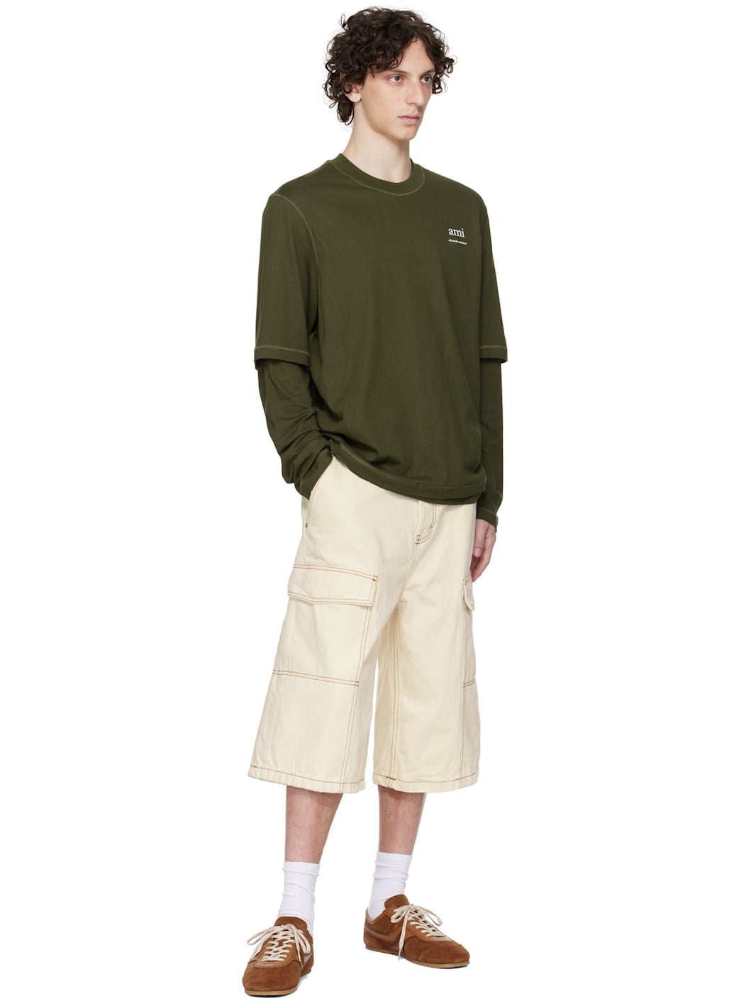 Beige Cotton Wide Fit Bermuda Cargo Shorts - 4