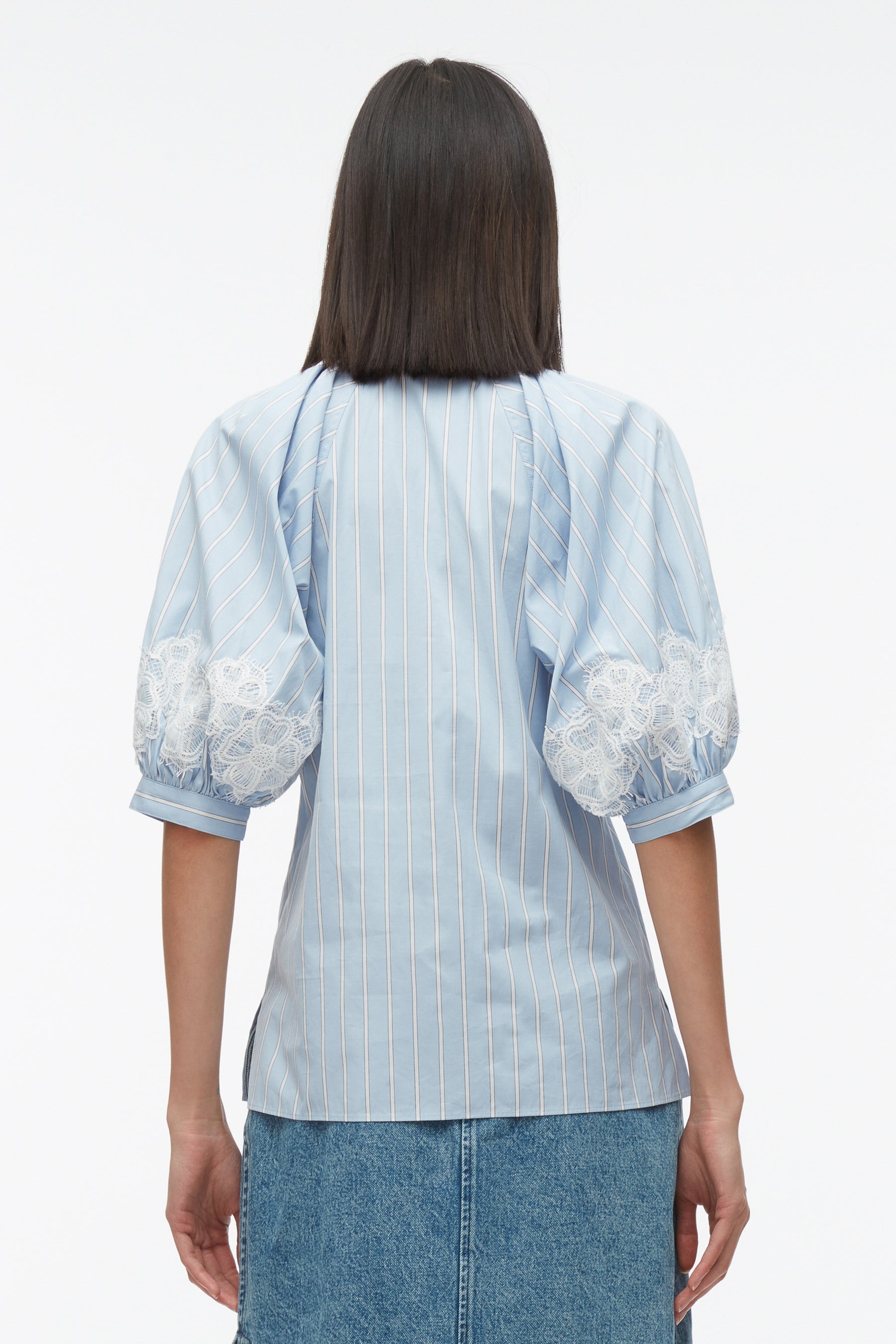 Lantern Sleeve Stripe Shirt with Lace - 4