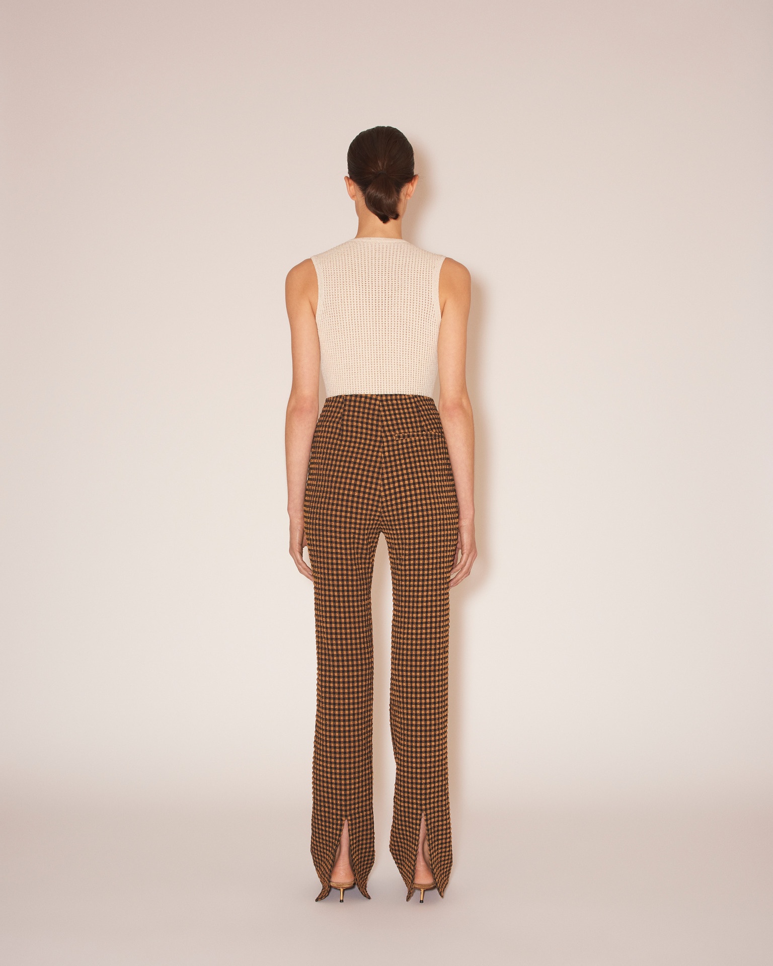 JUNA - Seersucker straight-leg pants - Dark brown/black check - 5