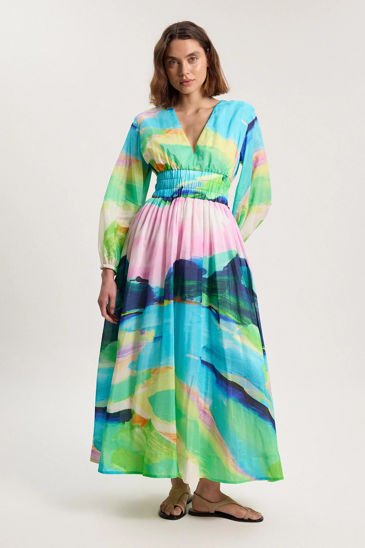 Silk Cotton Scenic Print Balloon Sleeve Woven Maxi Dress - 1