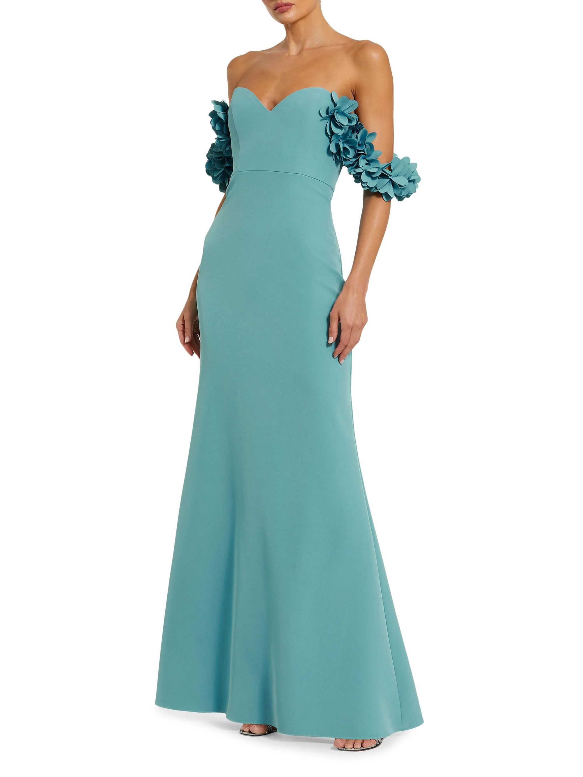 Women's Crepe 3D Flower Off-The-Shoulder Gown - Teal - 1