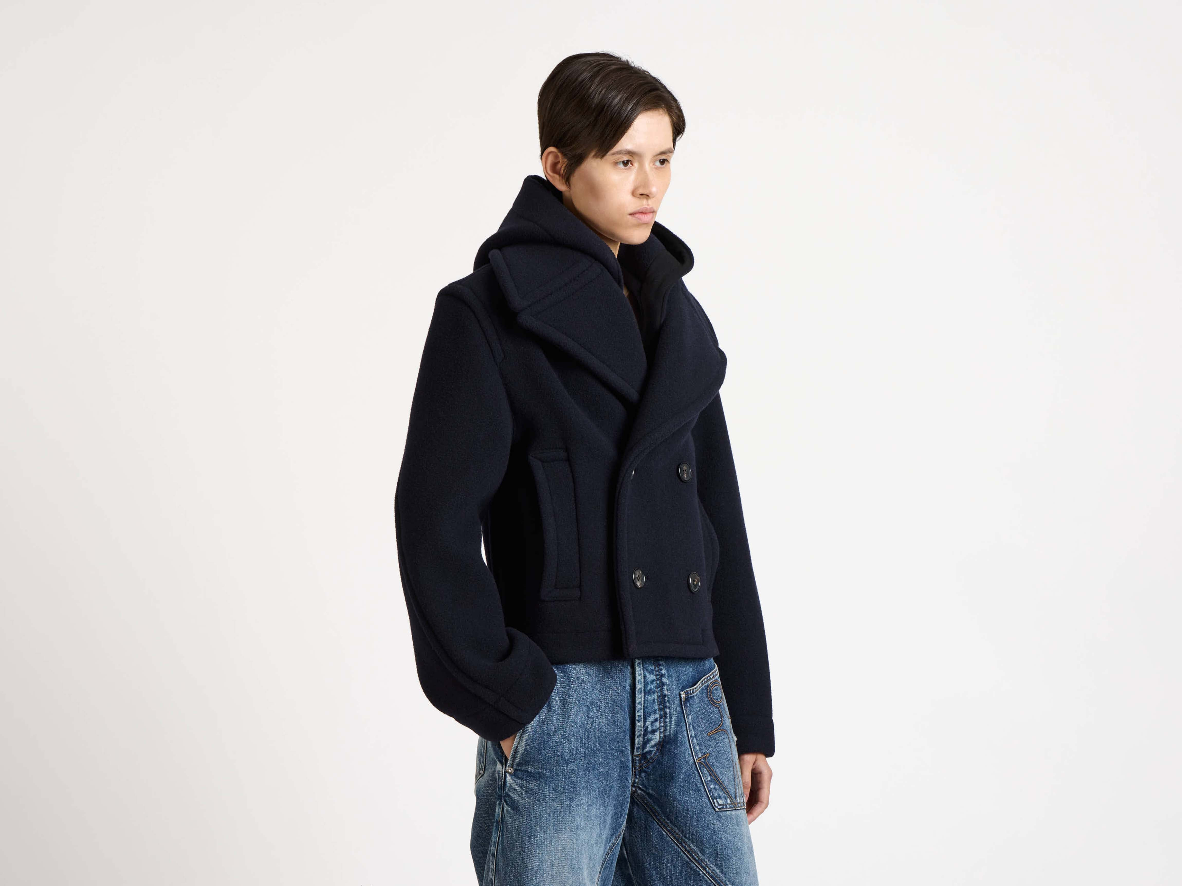 CROPPED HOODED COAT IN NAVY - 4