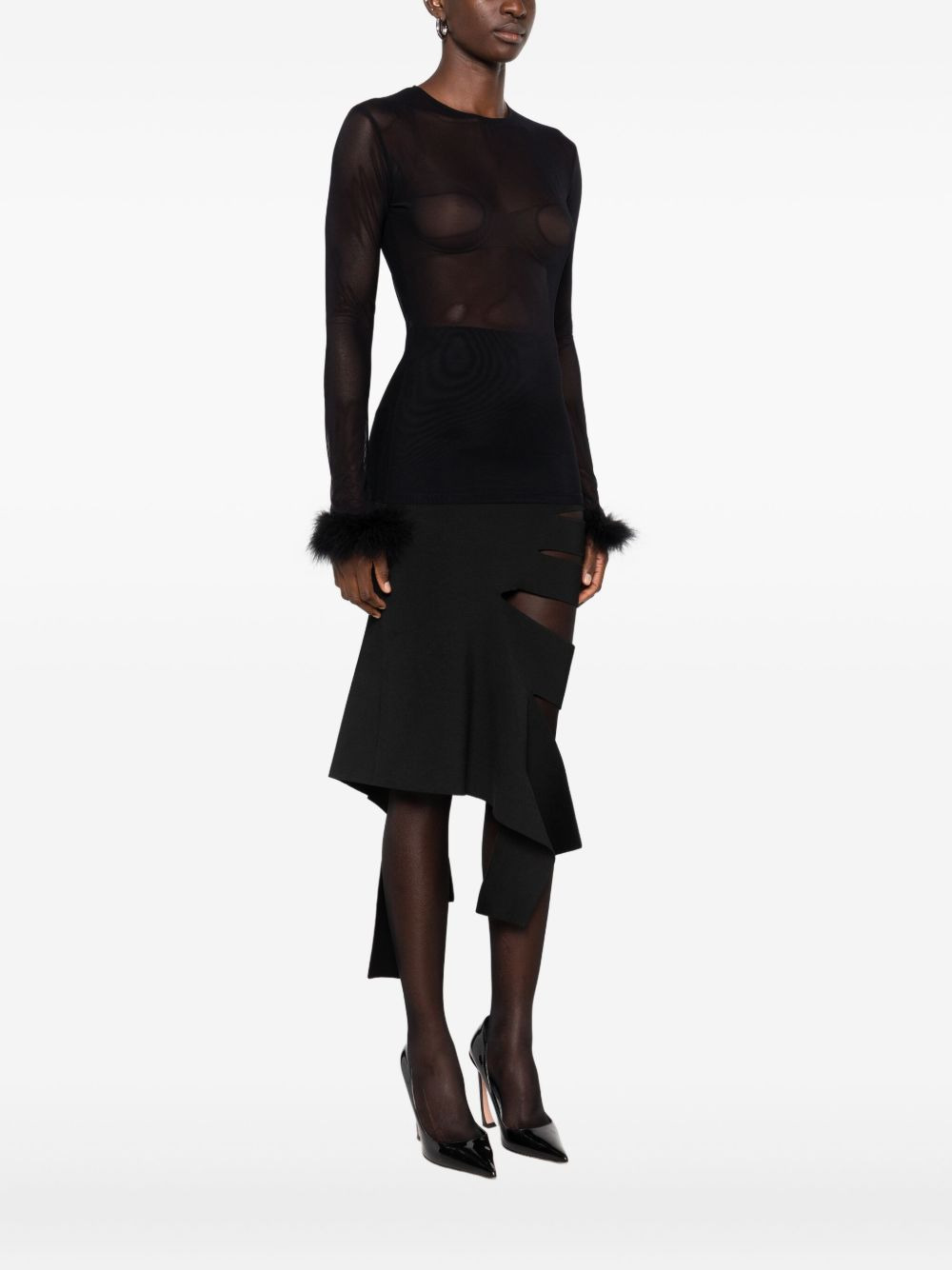 feather-cuff mesh top - 3