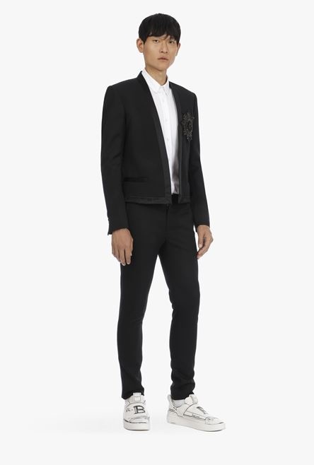 Wool spencer jacket with badge and black satin pointed collar - 2