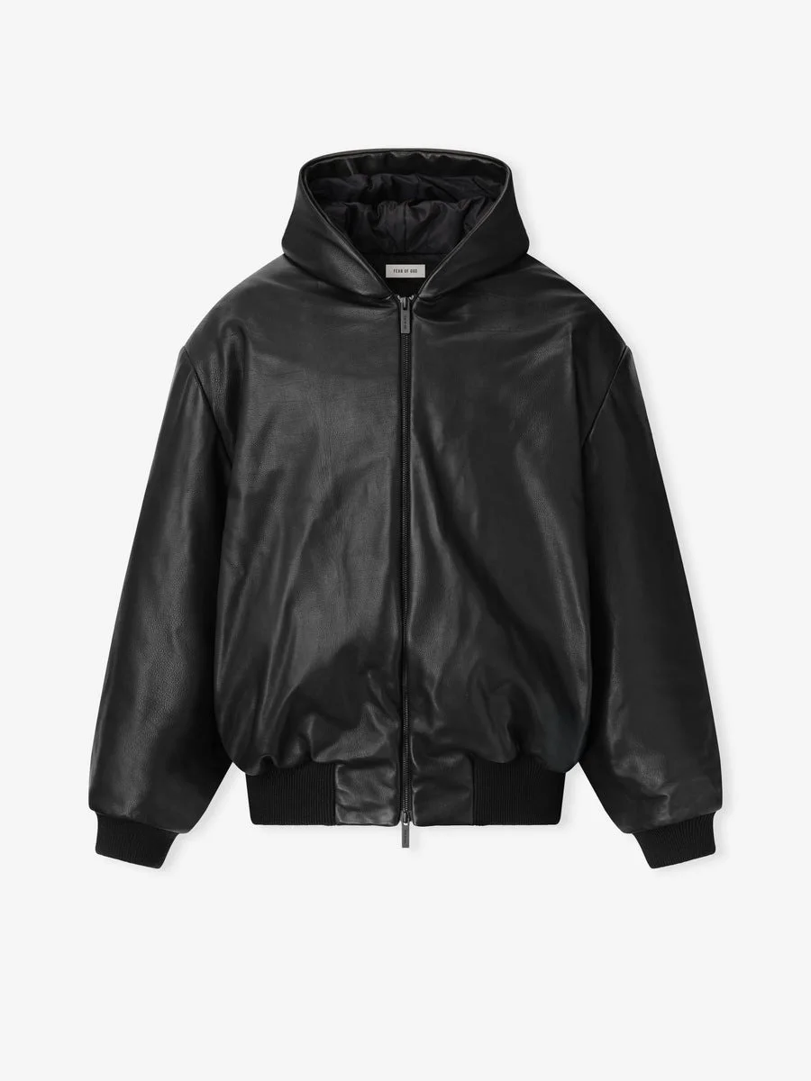 Leather Hooded Bomber Jacket - 1