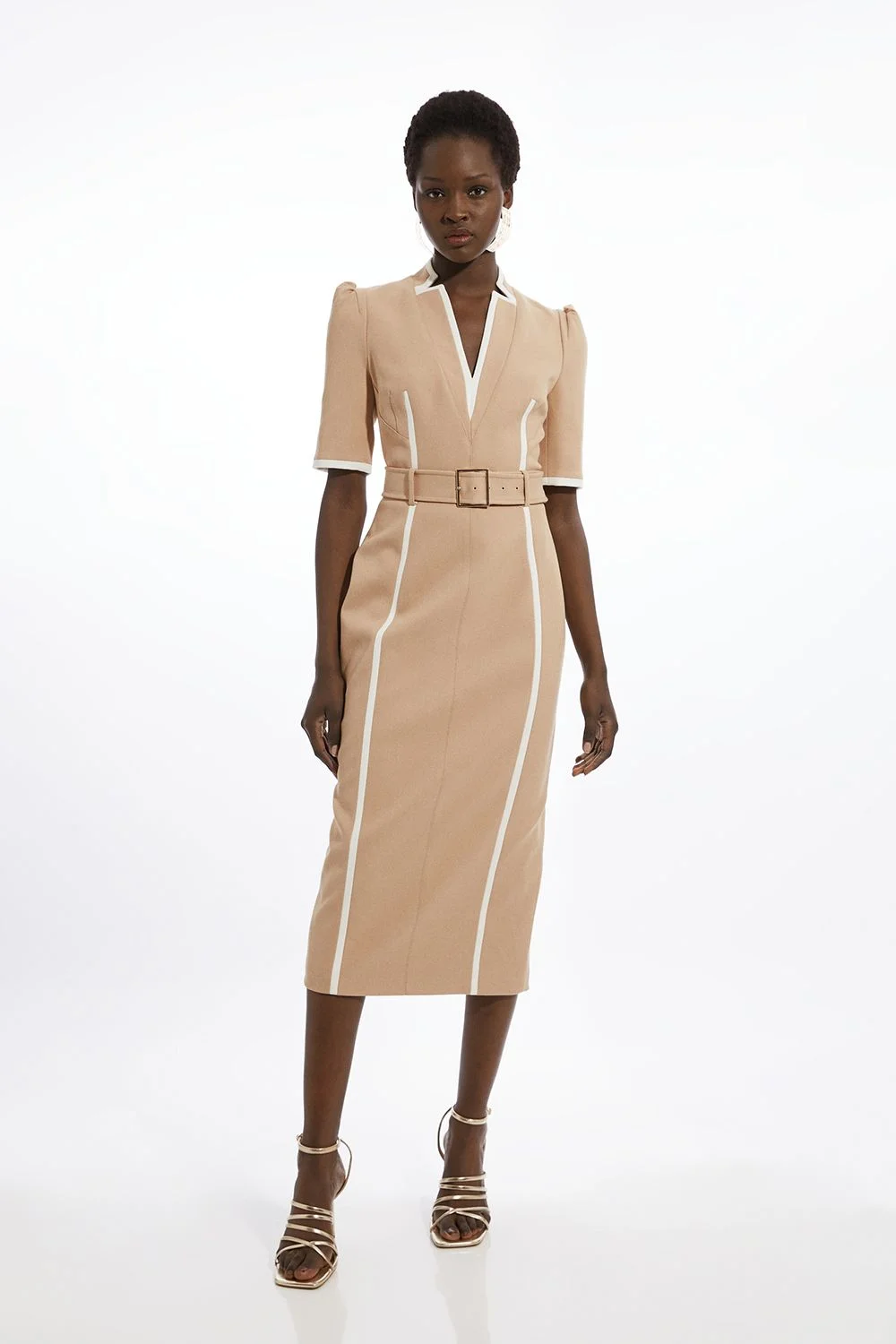 Petite Compact Stretch Contrast Tipped Forever Belted Tailored Midi Dress - 1