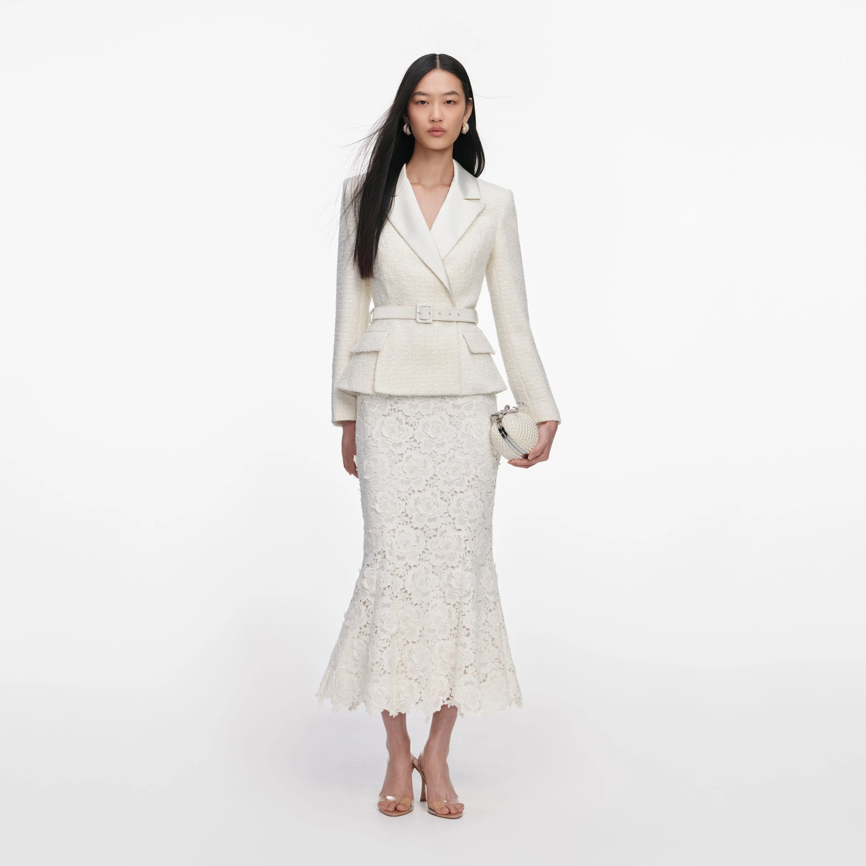 Cream Boucle Flower Lace Midi Dress - 1