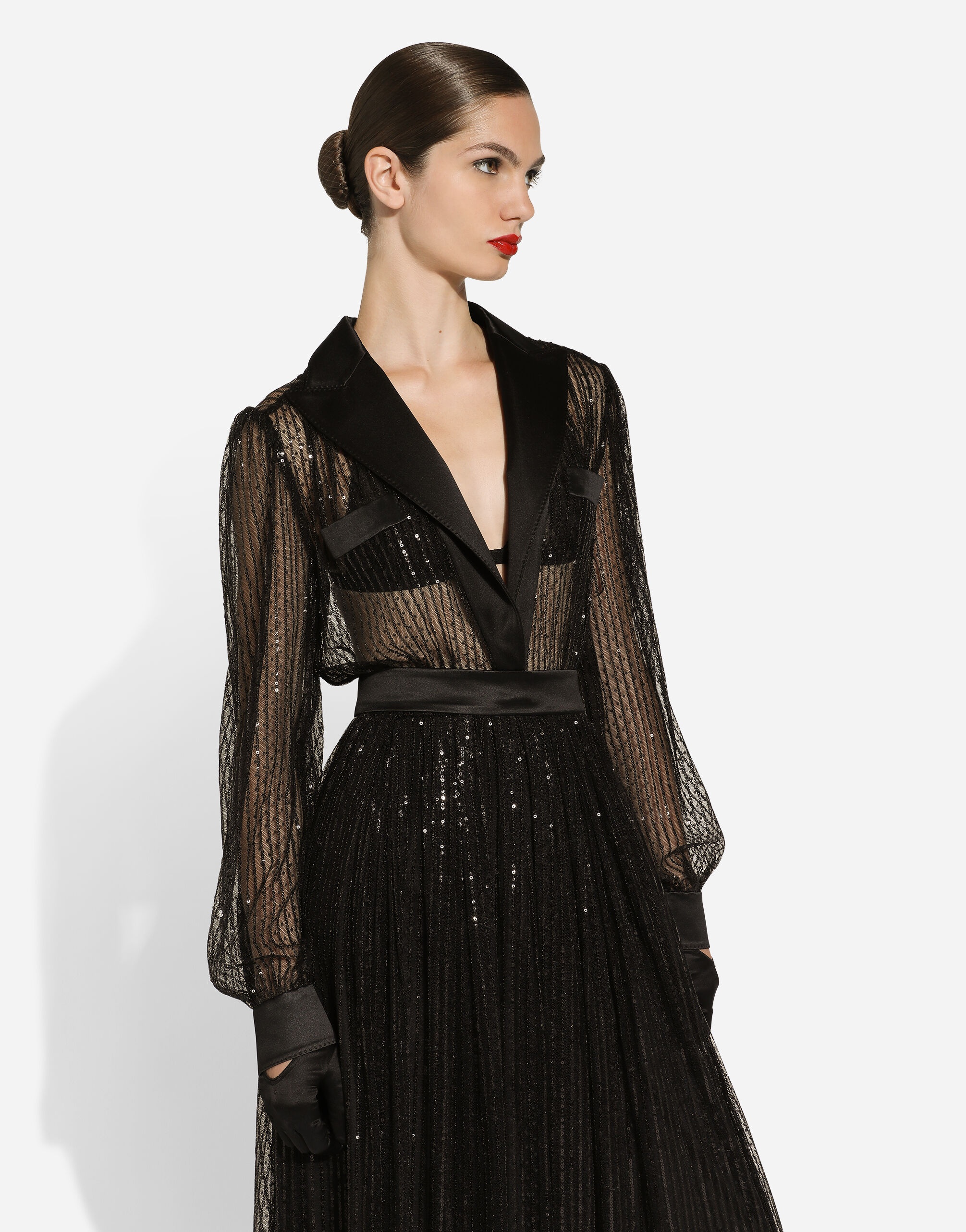 Calf-length tulle tuxedo shirt dress with sequin embellishment - 5