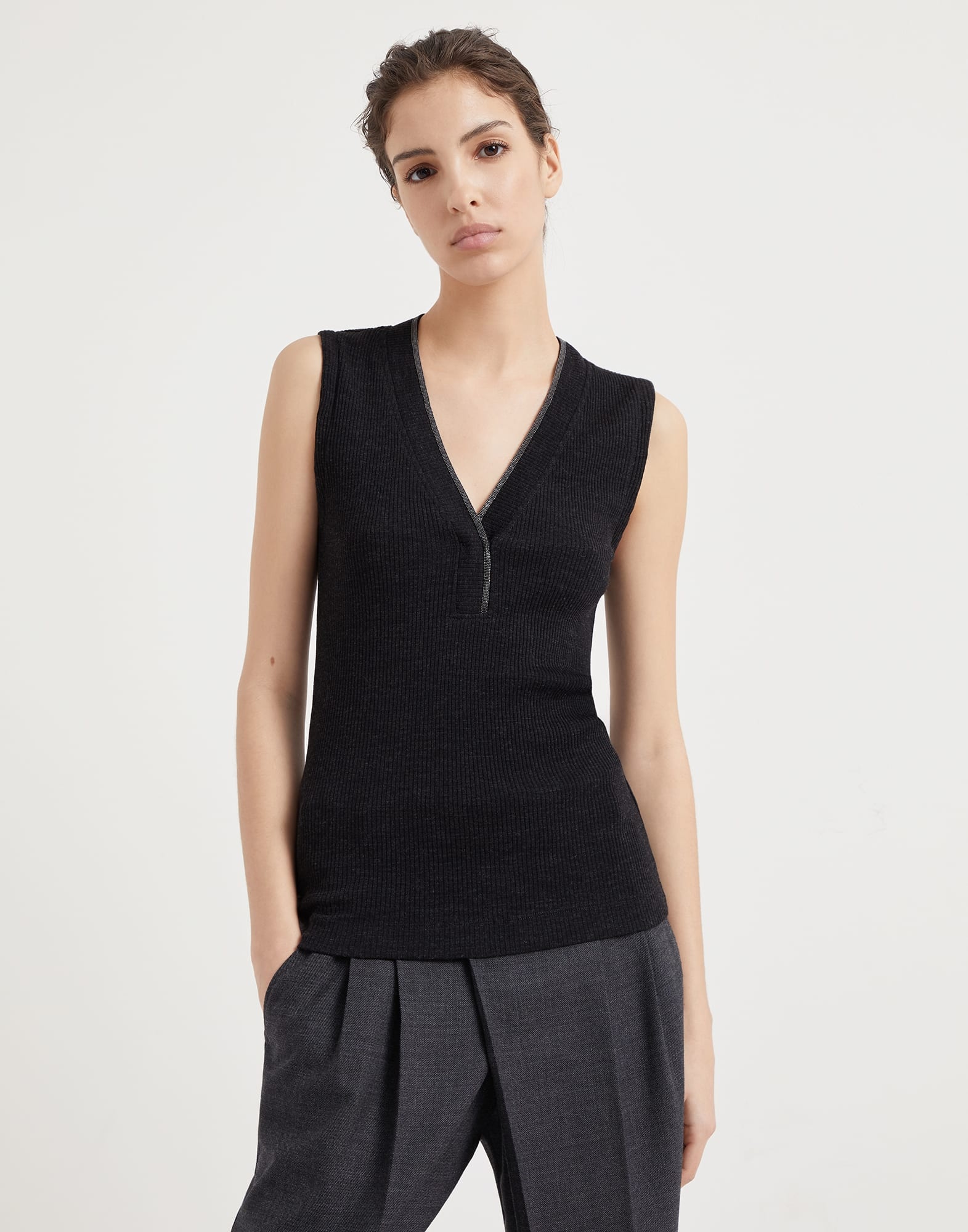 Ribbed wool jersey top with shiny neckline - 1