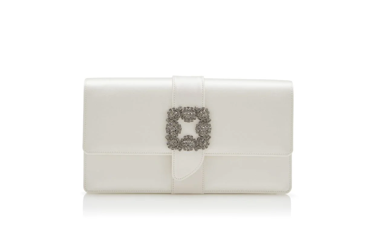 Off-White Satin Jewel Buckle Clutch - 1