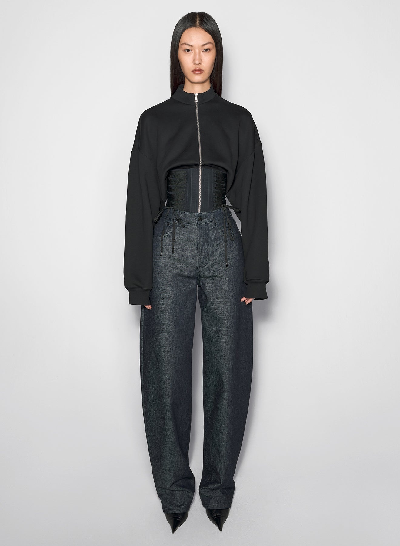black laced corset zip-up sweater - 2