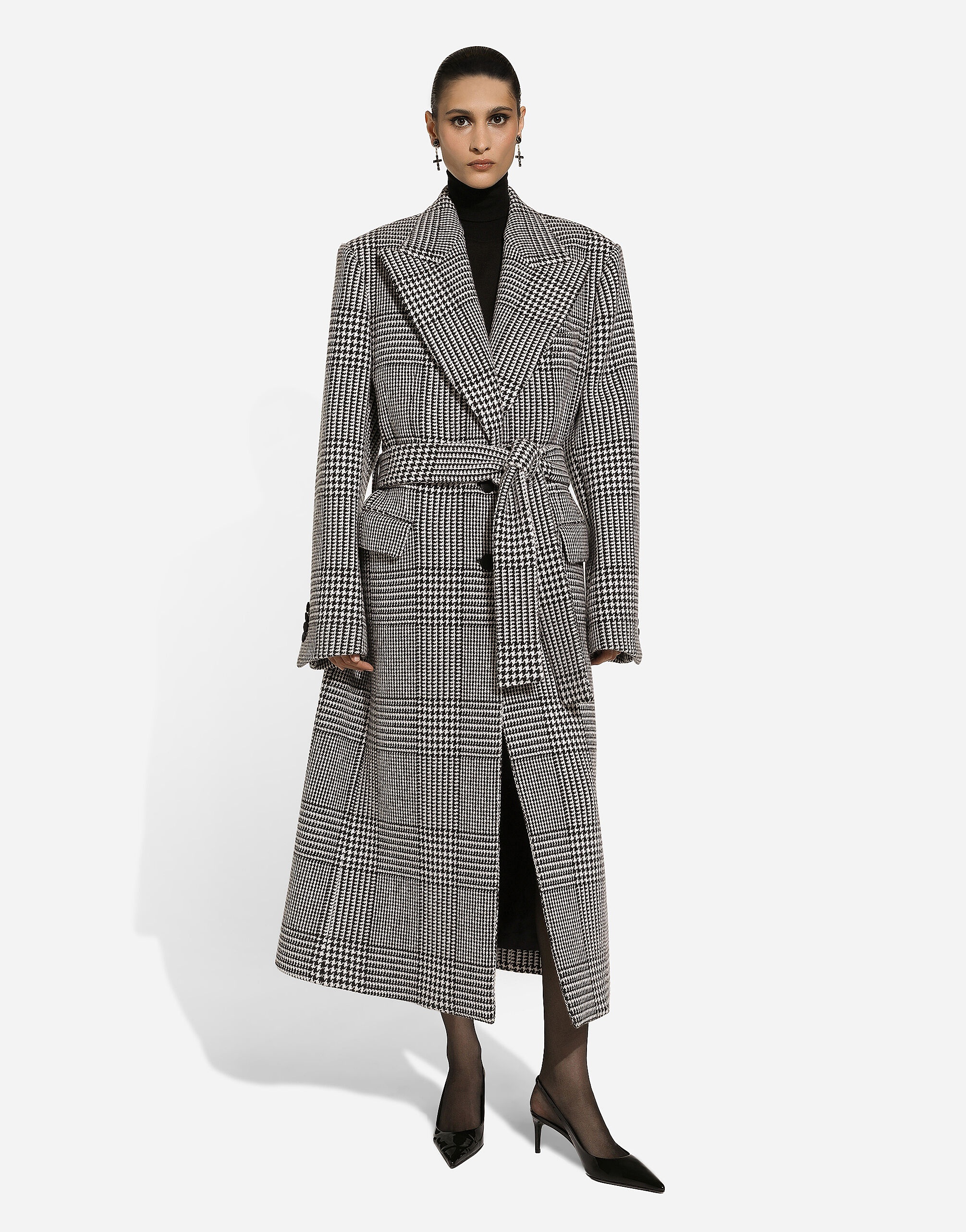 Single-breasted houndstooth check coat with belt - 2