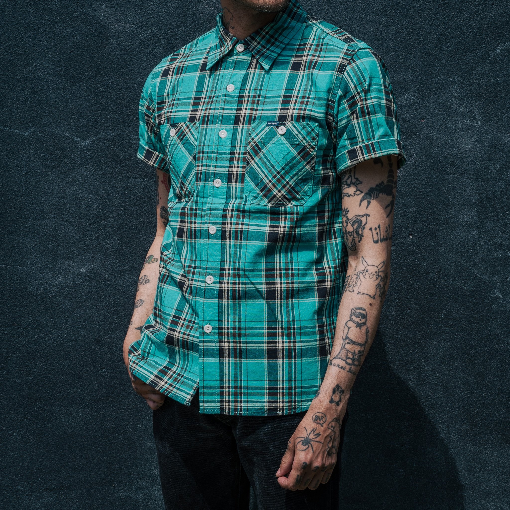 IHSH-360-GRN 5oz Selvedge Madras Check Short Sleeve Work Shirt - Green - 4