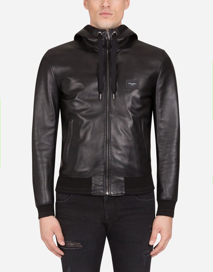 Leather jacket with hood and branded plate - 1