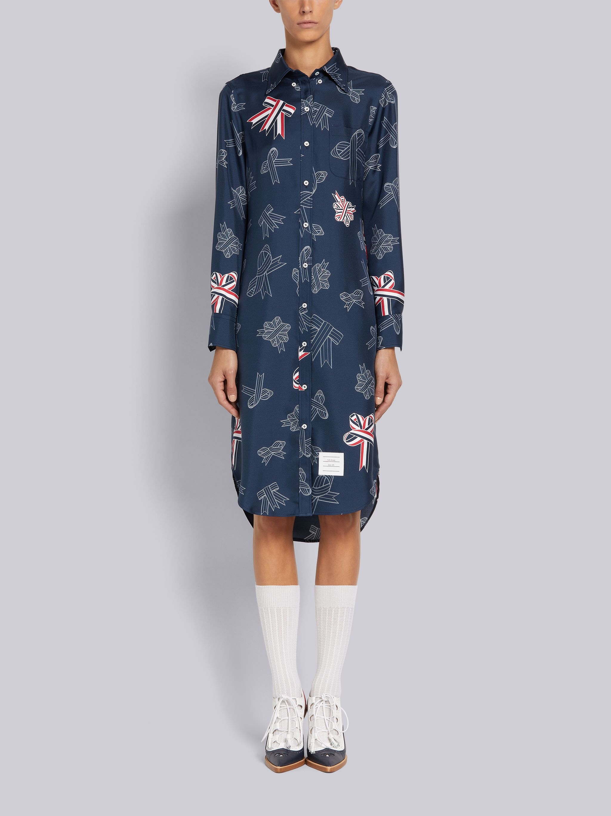 Navy Silk Twill Ribbon Outline Print Classic Below Knee Shirtdress - 1