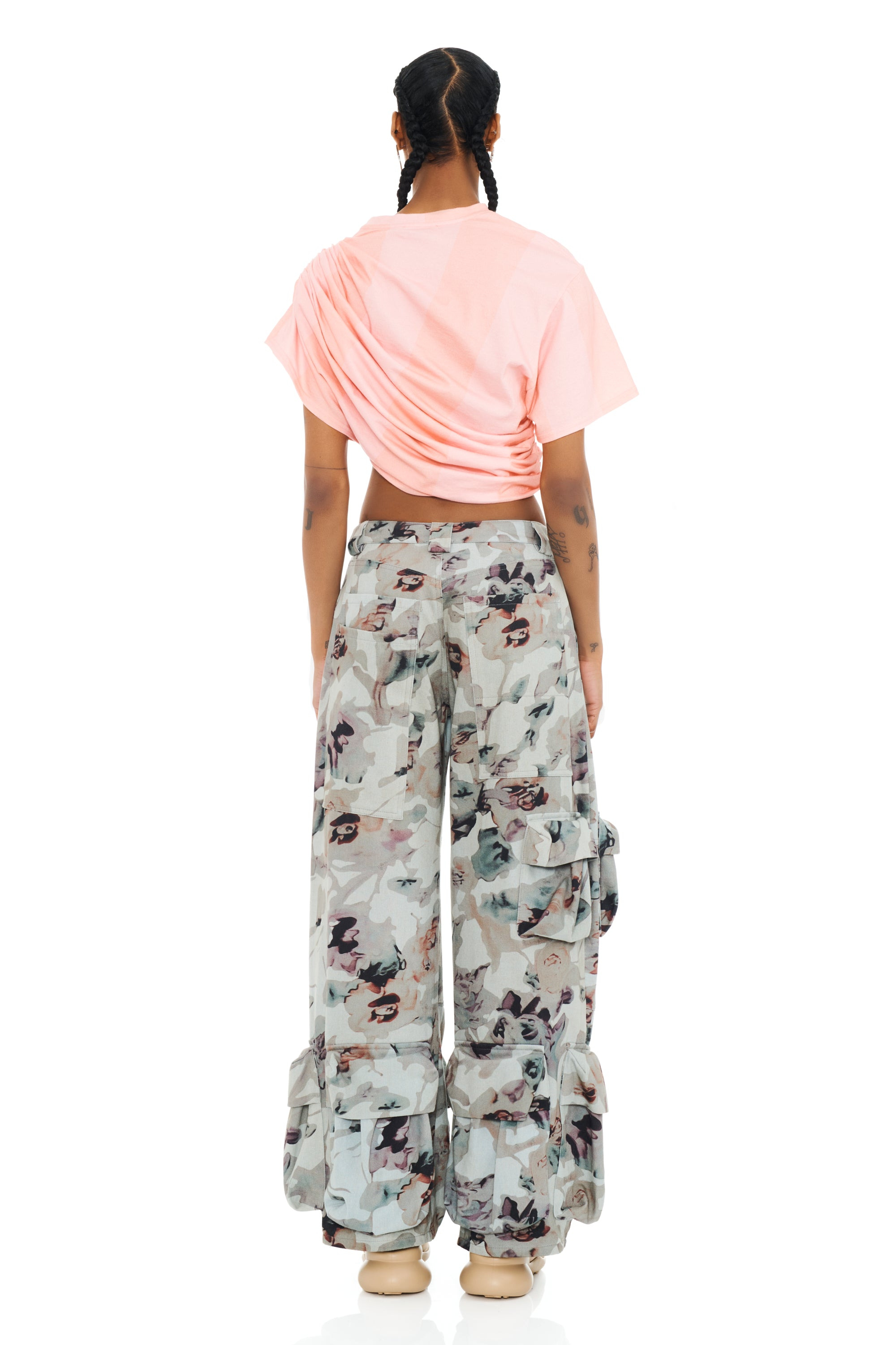 BEIGE WATERCOLOR ROSES GARDEN CARGO PANT - 10