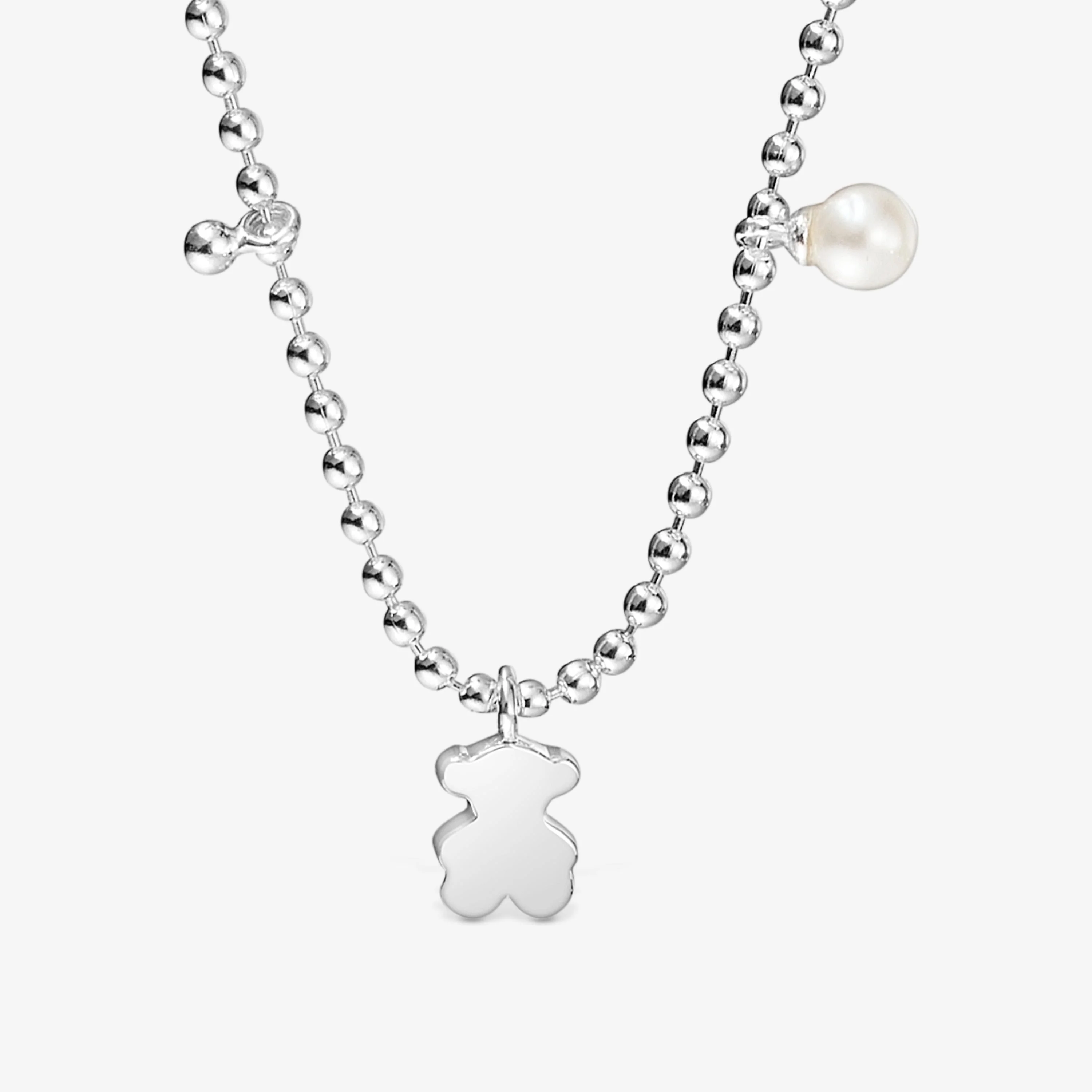 Short silver Necklace with cultured pearls and bear pendant charm Sweet Dolls - 1