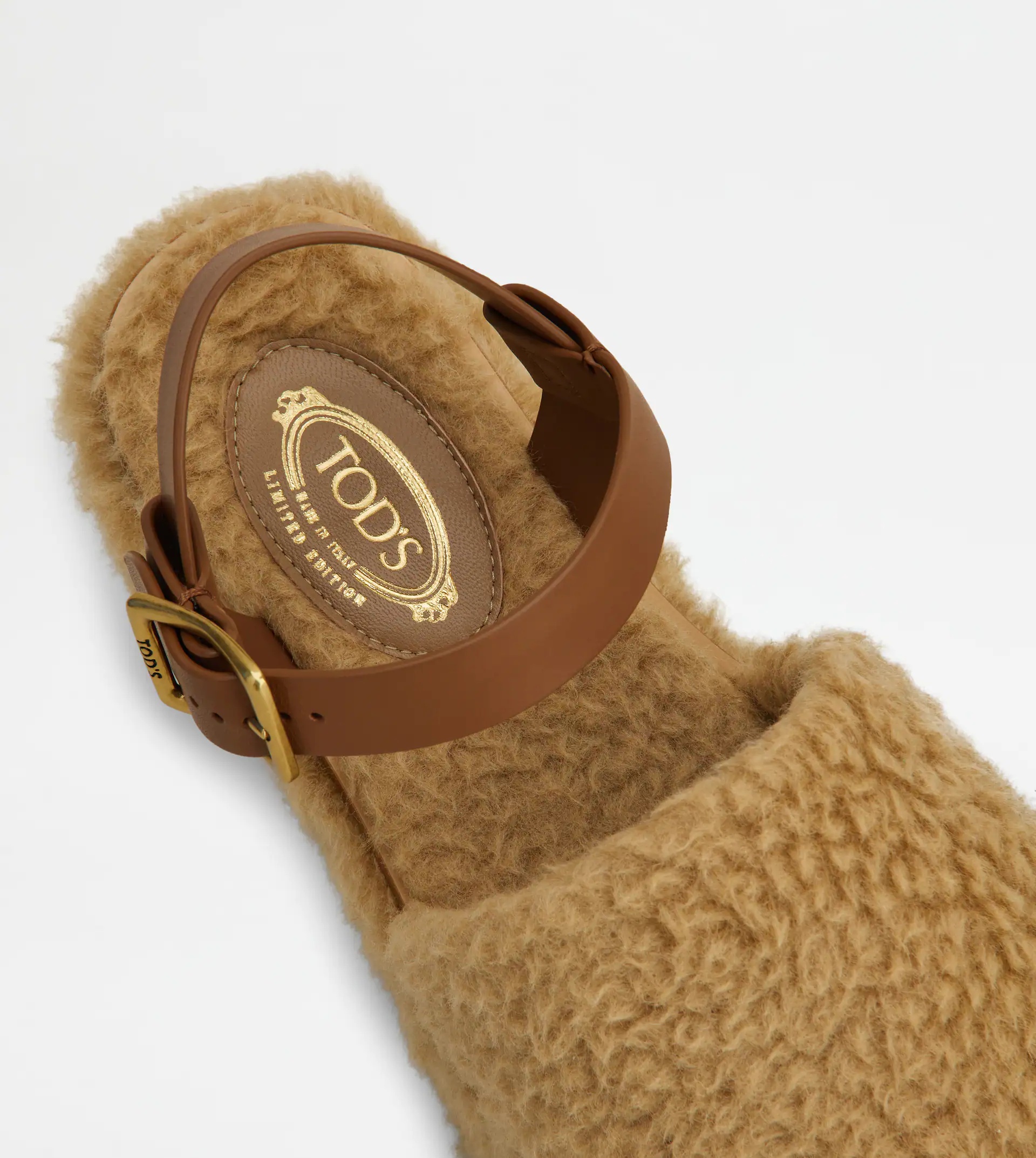 WEDGE SANDALS IN LEATHER AND WOOL - BROWN - 5