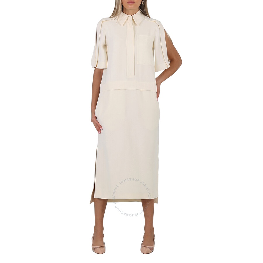 Burberry Split Detail Silk Wool Shirt Dress In Off White - 3