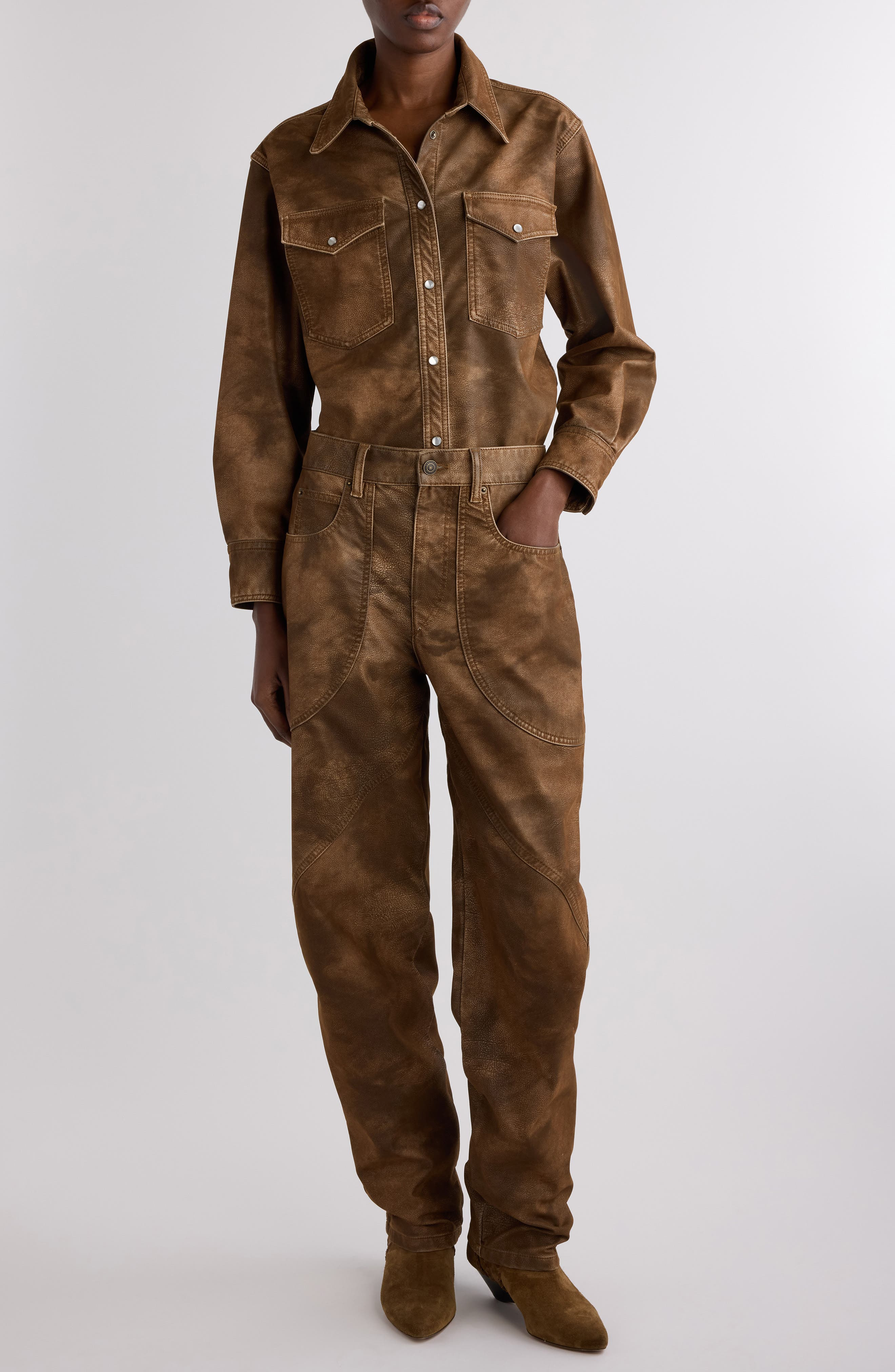 Isabel Marant Étoile Karima Faux Leather Snap-Up Shirt in Tabacco at Nordstrom - 2