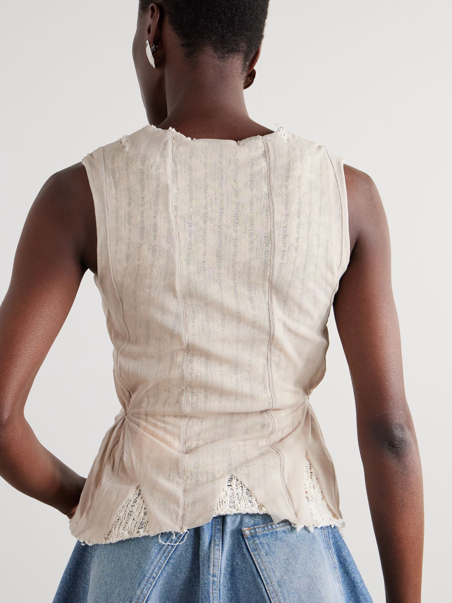 Ragged distressed mesh and cotton-blend crochet tank Beige - 3