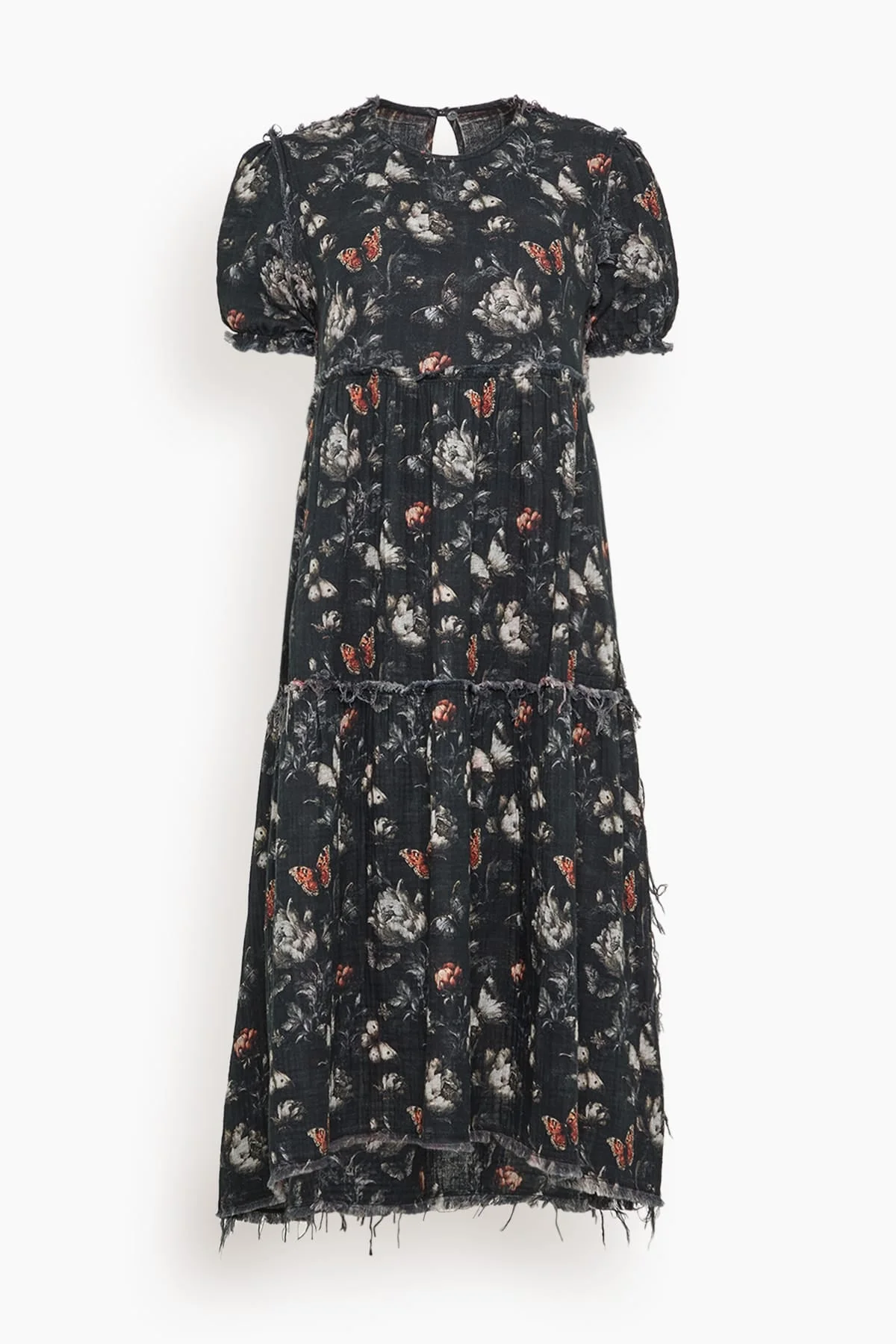 Reversible Shredded Relaxed Midi Dress in Black Butterflies with Plaid - 1