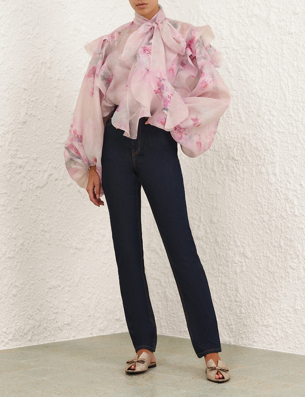 Zimmermann CRUSH TIE NECK RUFFLE BLOUSE | REVERSIBLE