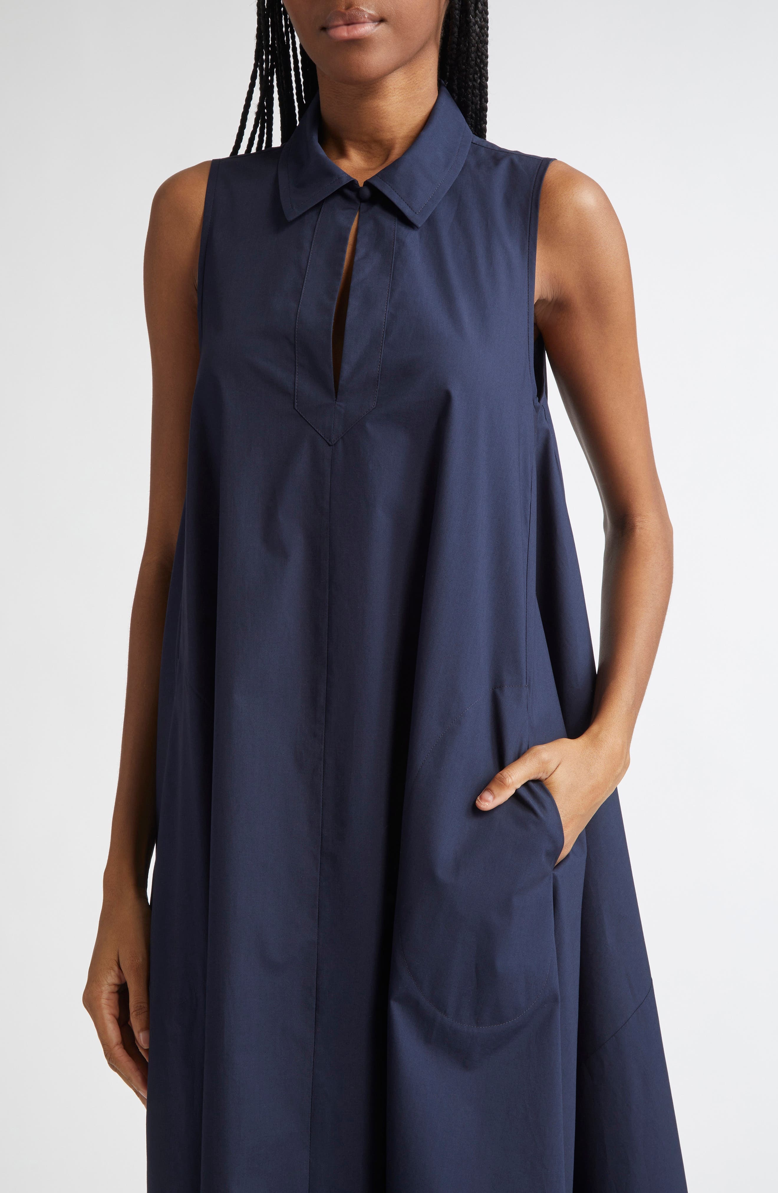Emporio Armani Sleeveless Cotton Poplin Trapeze Dress in Solid Dark Blue at Nordstrom - 4