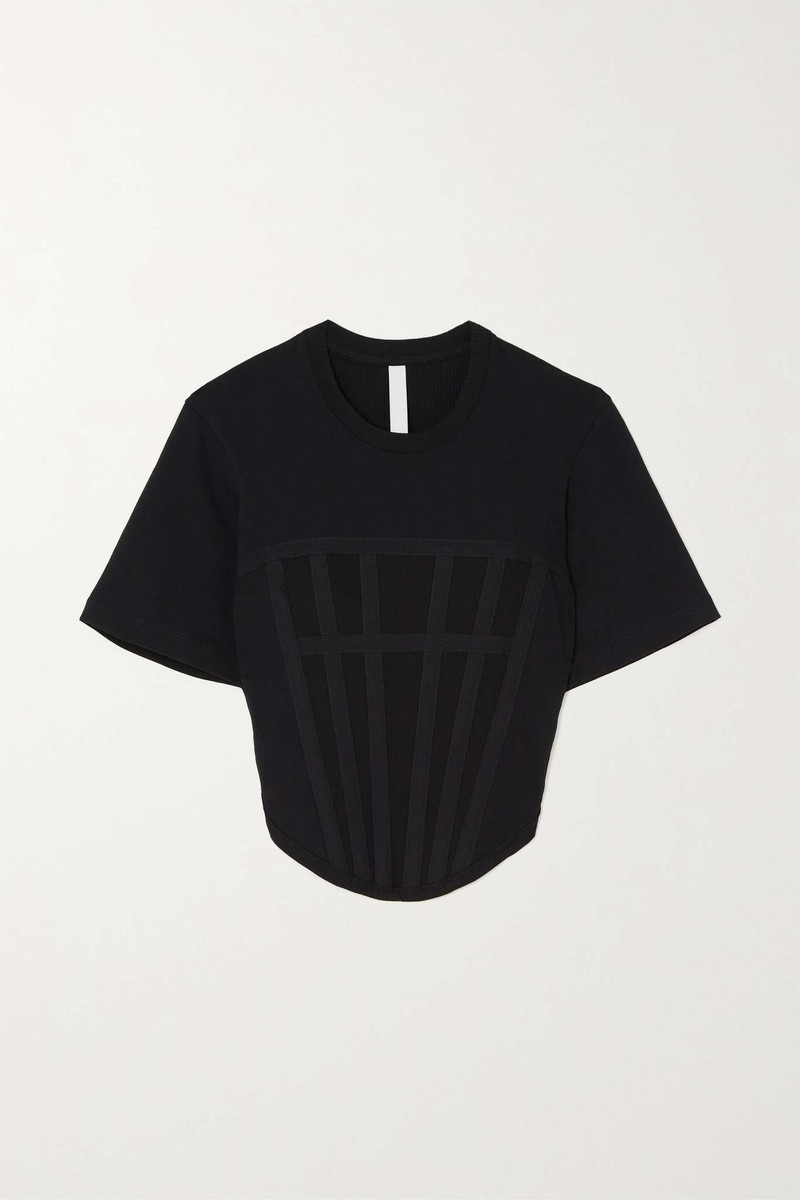 Cropped canvas-paneled ribbed stretch-cotton jersey T-shirt - 1