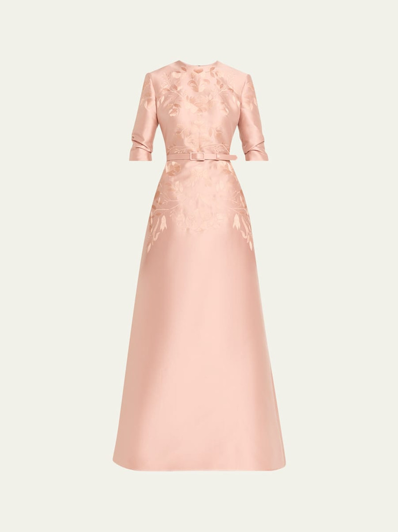 Embroidered Mikado Silk 3/4-Sleeve Gown With Belt 1