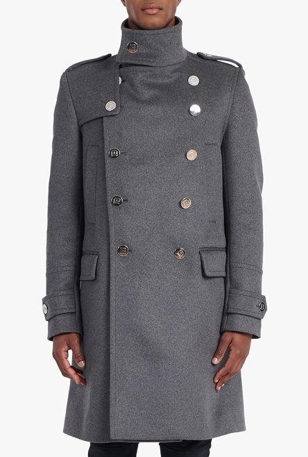 Long medium gray cashmere coat with double-breasted silver-tone buttoned fastening - 5