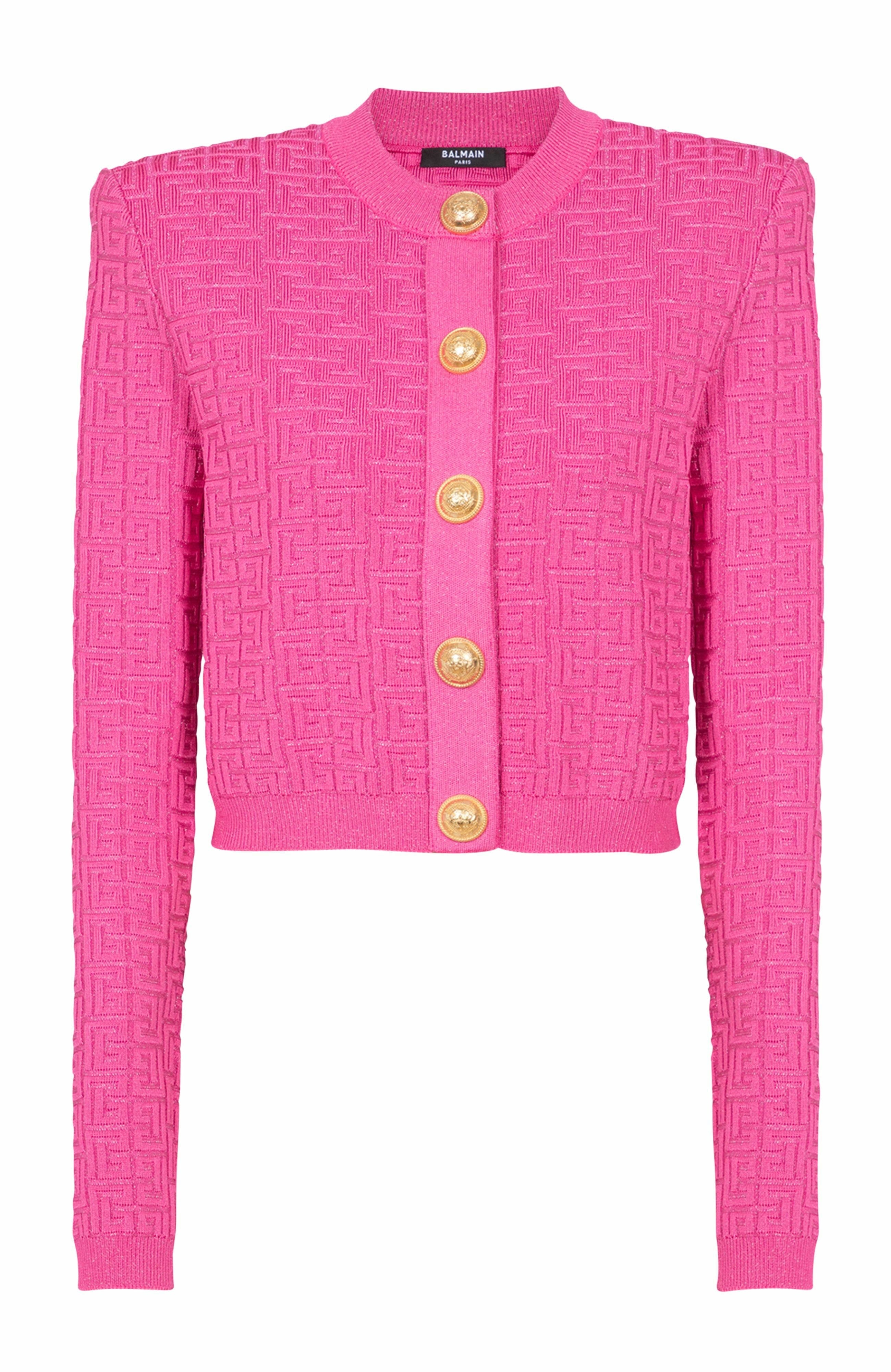 Balmain Cropped monogrammed knit cardigan in Pink at Nordstrom - 1