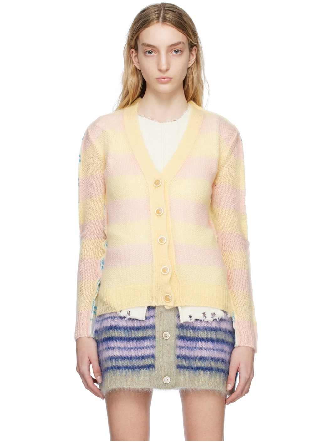 Yellow & Off-White Paneled Cardigan - 1