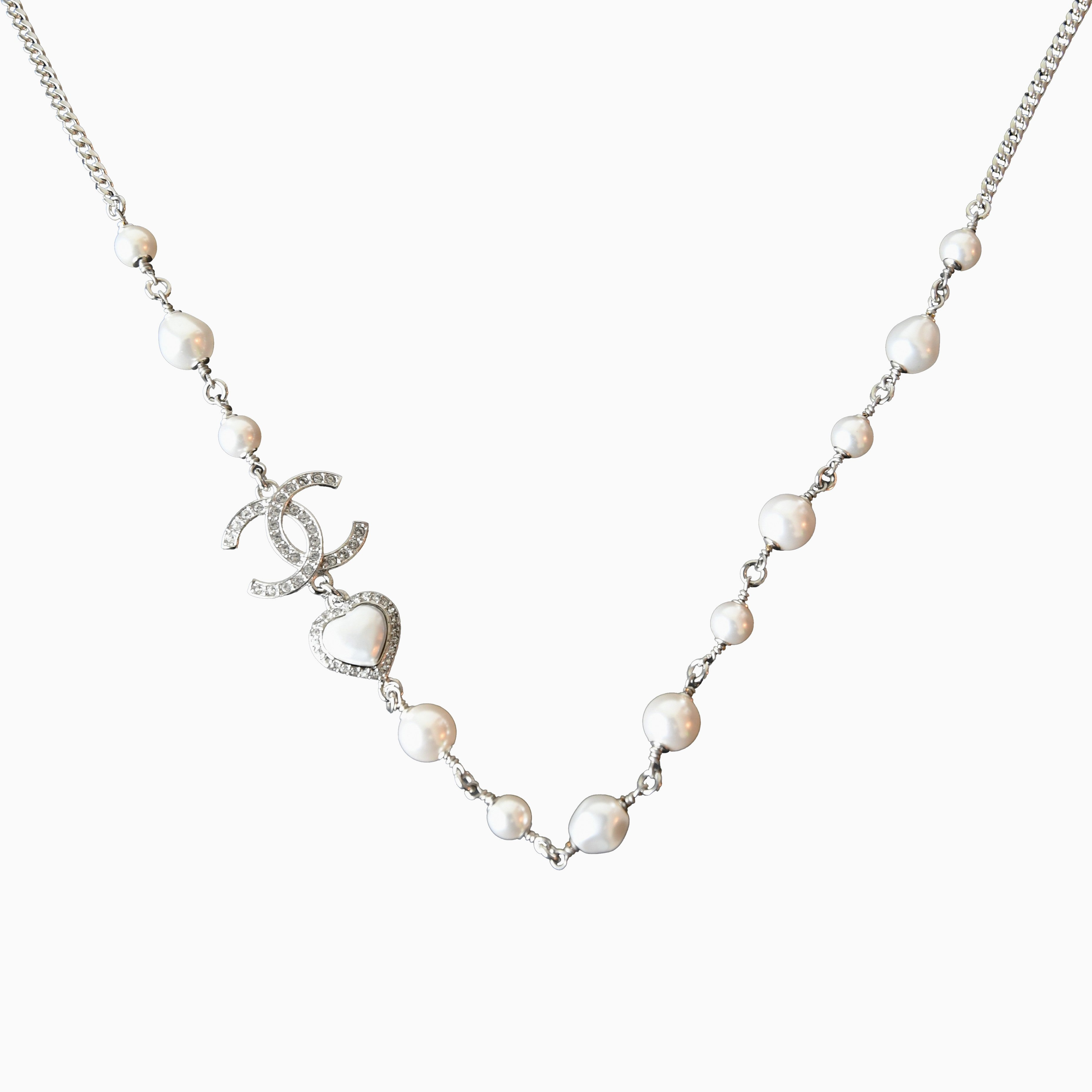 Chanel 23B Crystal Strass CC Heart Pearl Necklace Silver - 2
