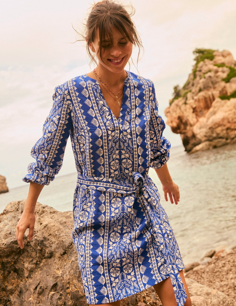 Cleo Linen Tie Waist Dress-Bright Blue, Ornate Border 3