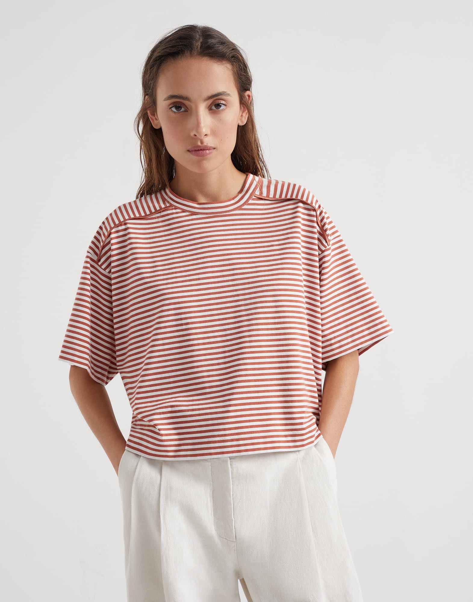 Cotton striped jersey t-shirt with monili - 1