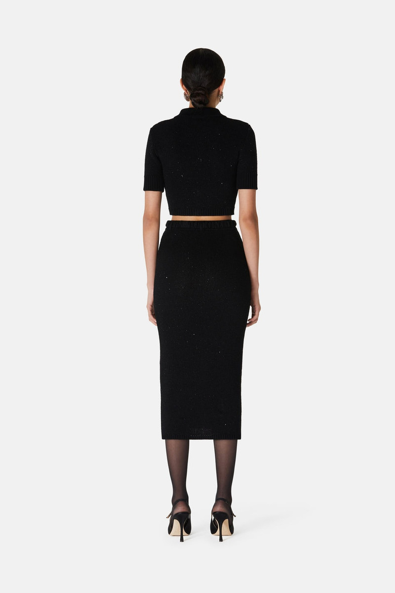 SEQUIN COTTON BLEND KNITTED MIDI SKIRT W/ZIP, BELT 5