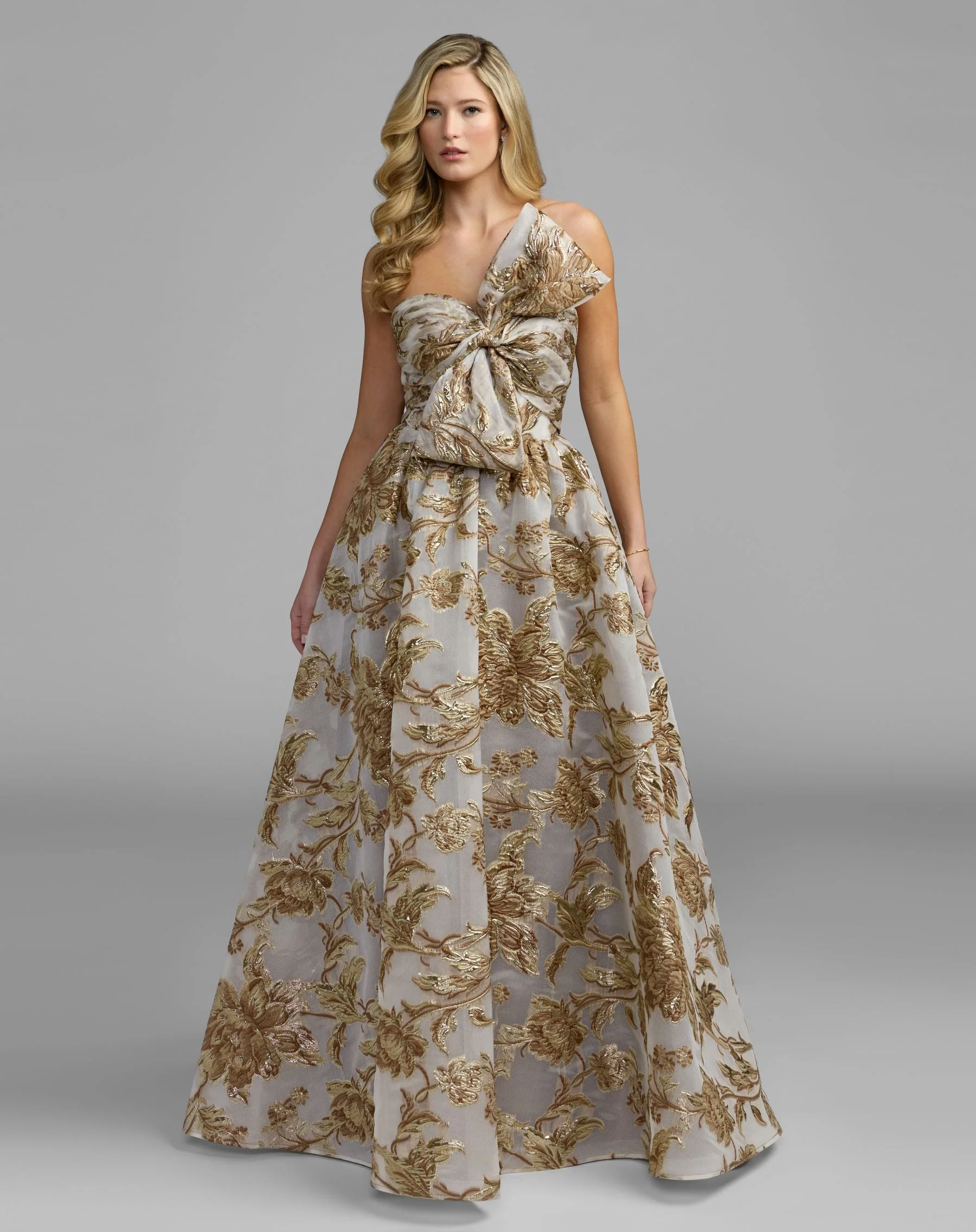 Bronze Floral Strapless Brocade Ball Gown With Bow - 1