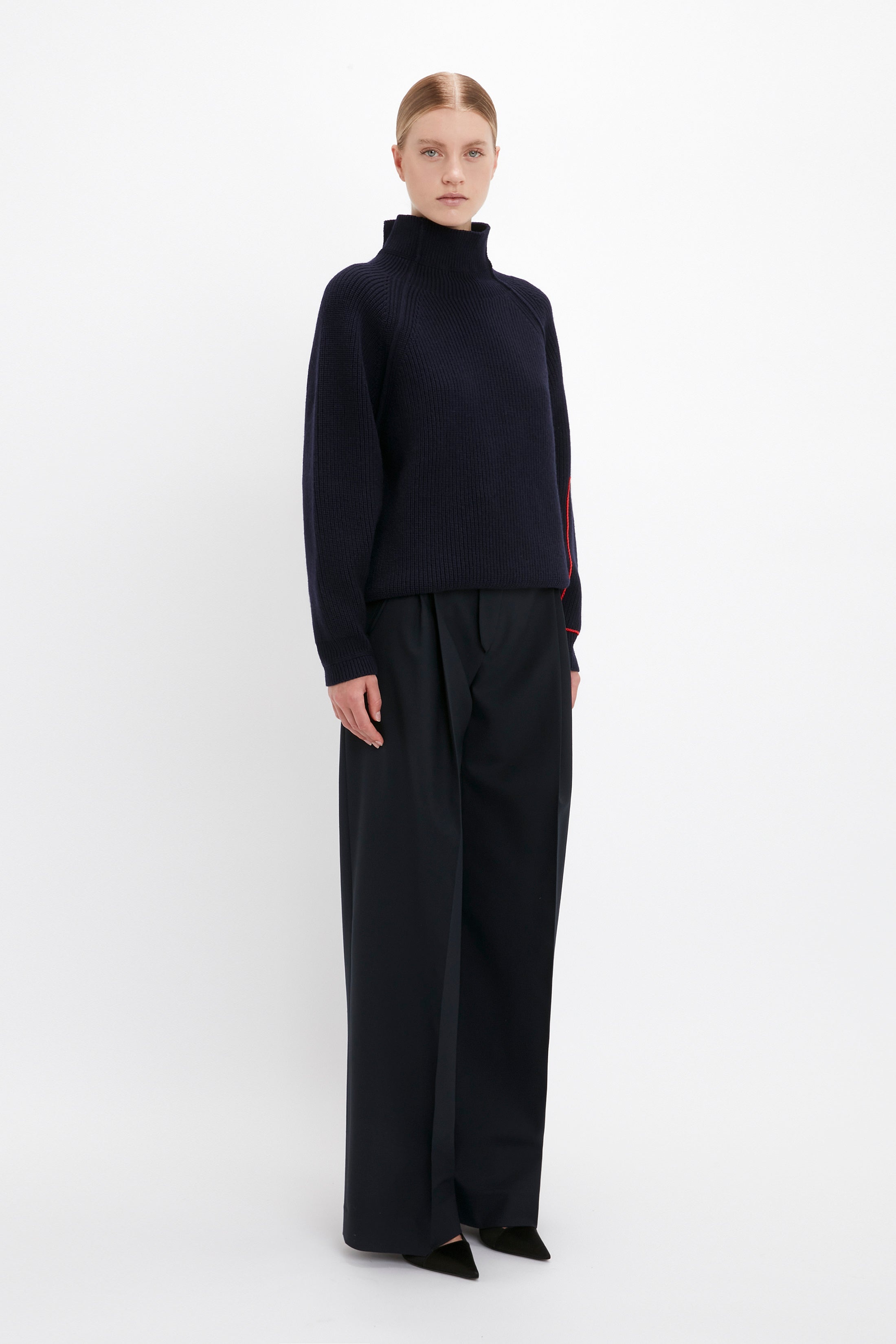 Oversized Polo Neck Jumper In Navy - 3